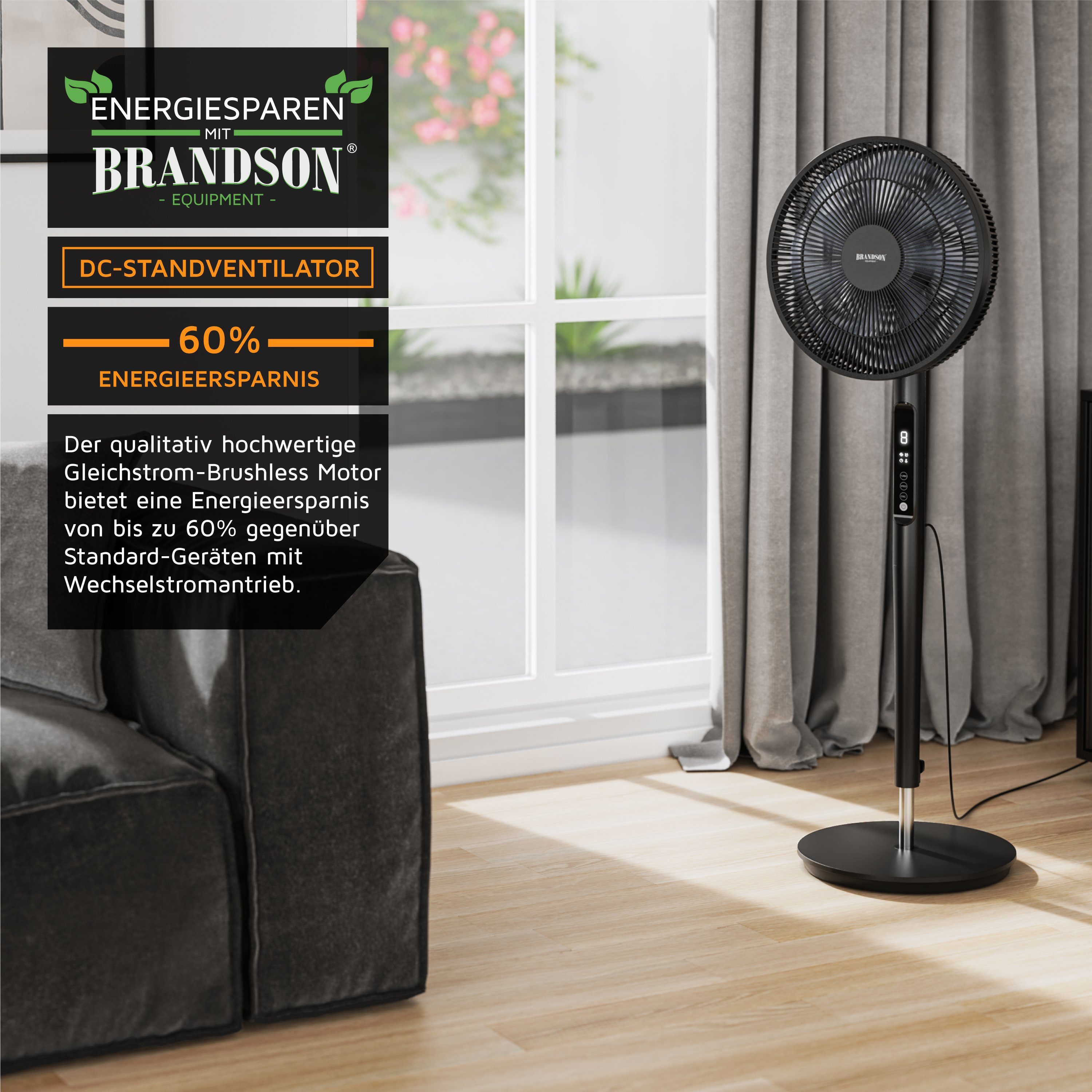 Brandson Standventilator, 40 cm Durchmesser, DC, leise, energiesparend, Oszillation, Timer, 9 Stufen, Fernbedienung
