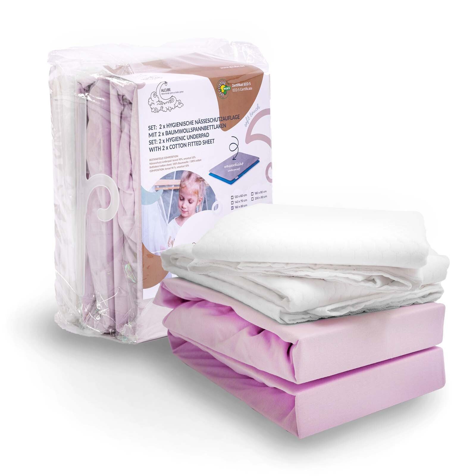 Spannbettlaken 4-tlg. Set Jersey mit matratzenauflage I GRATIS Lieferung, Alcube, Baumwolle, (4 Stück), 2er Set aus Matratzenauflage und 2er Set Baumwoll-Spannbettlaken