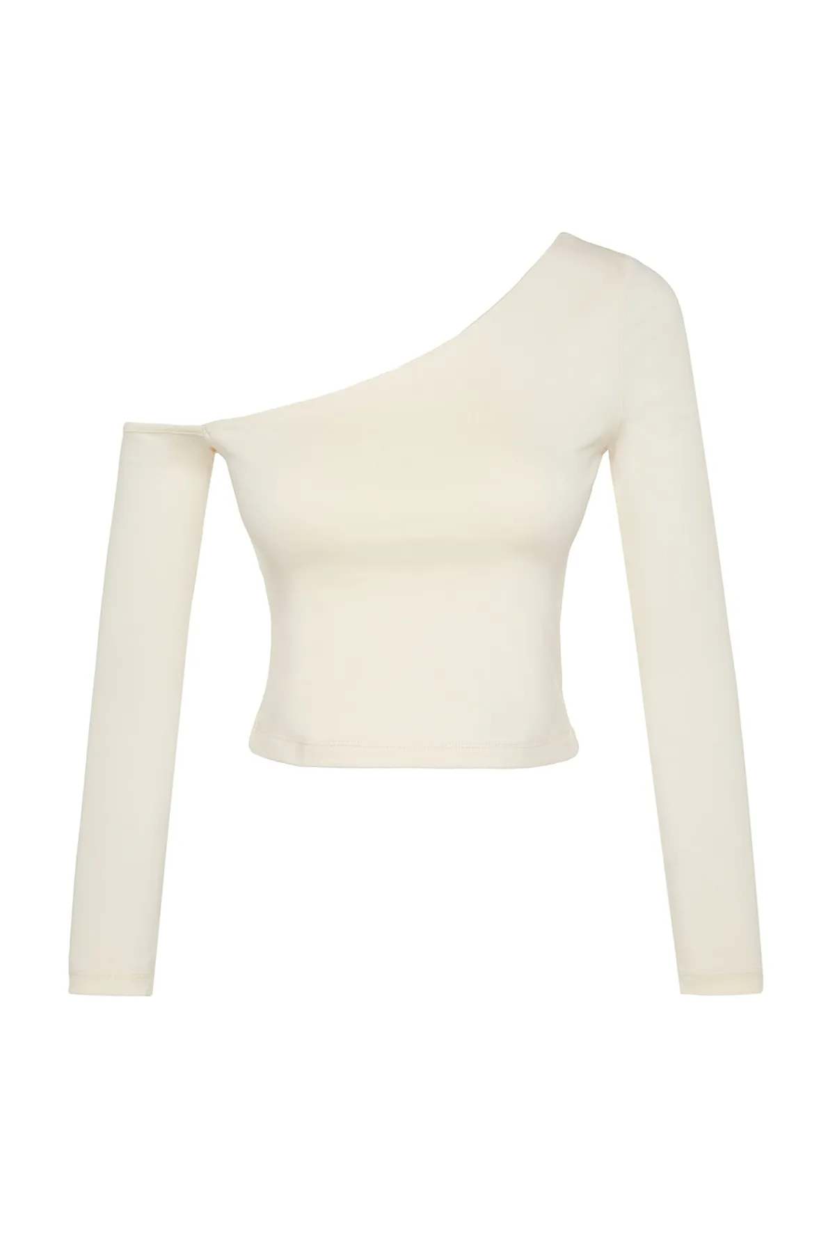 Trendyol Collection  Eng anliegende, kurz geschnittene Strickbluse aus Baumwollstretch mit One-Shoulder-Träger in Stone TWOAW24BZ00099