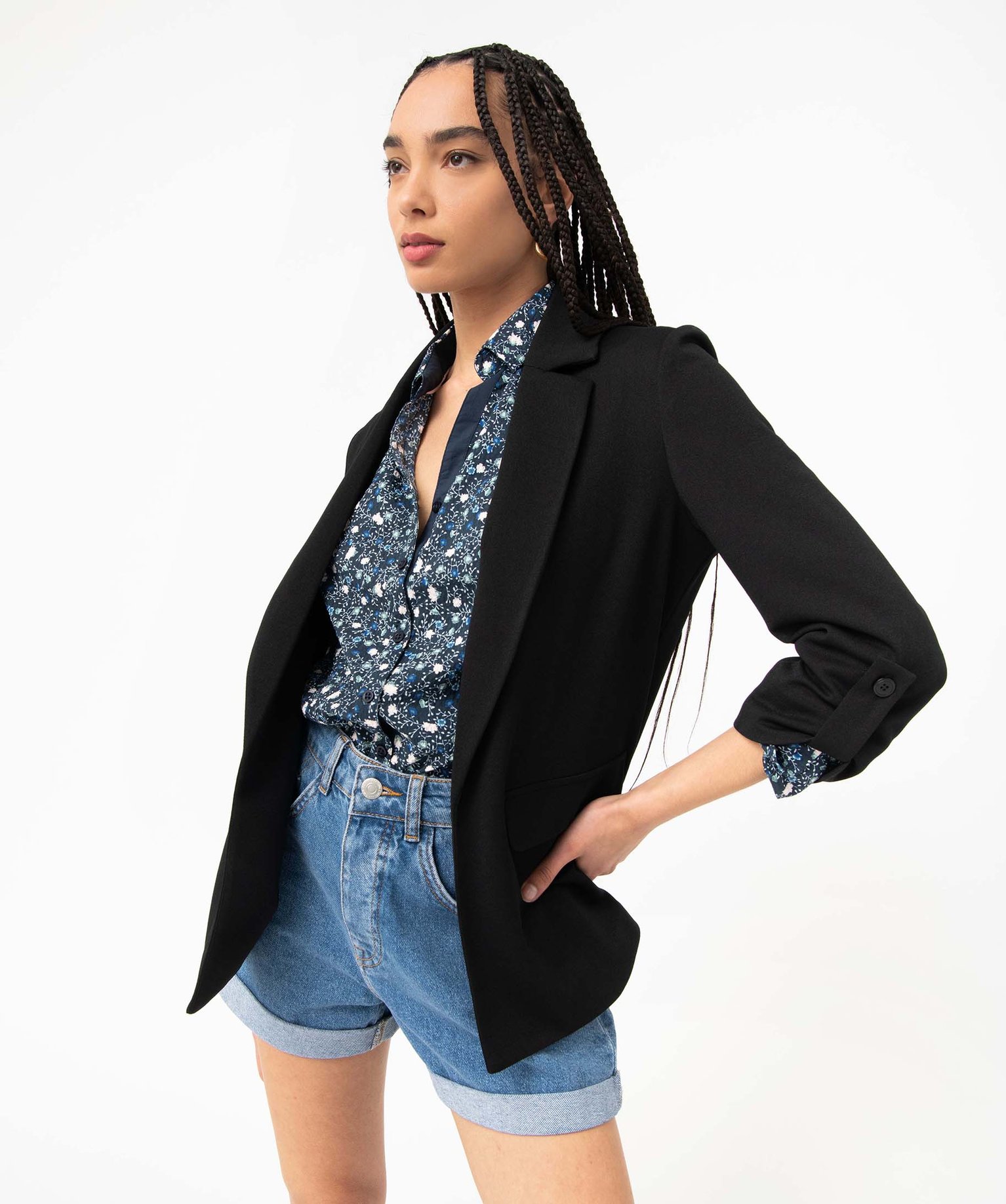 Veste droite en maille stretch manches 3/4 unie femme noir | GEMO