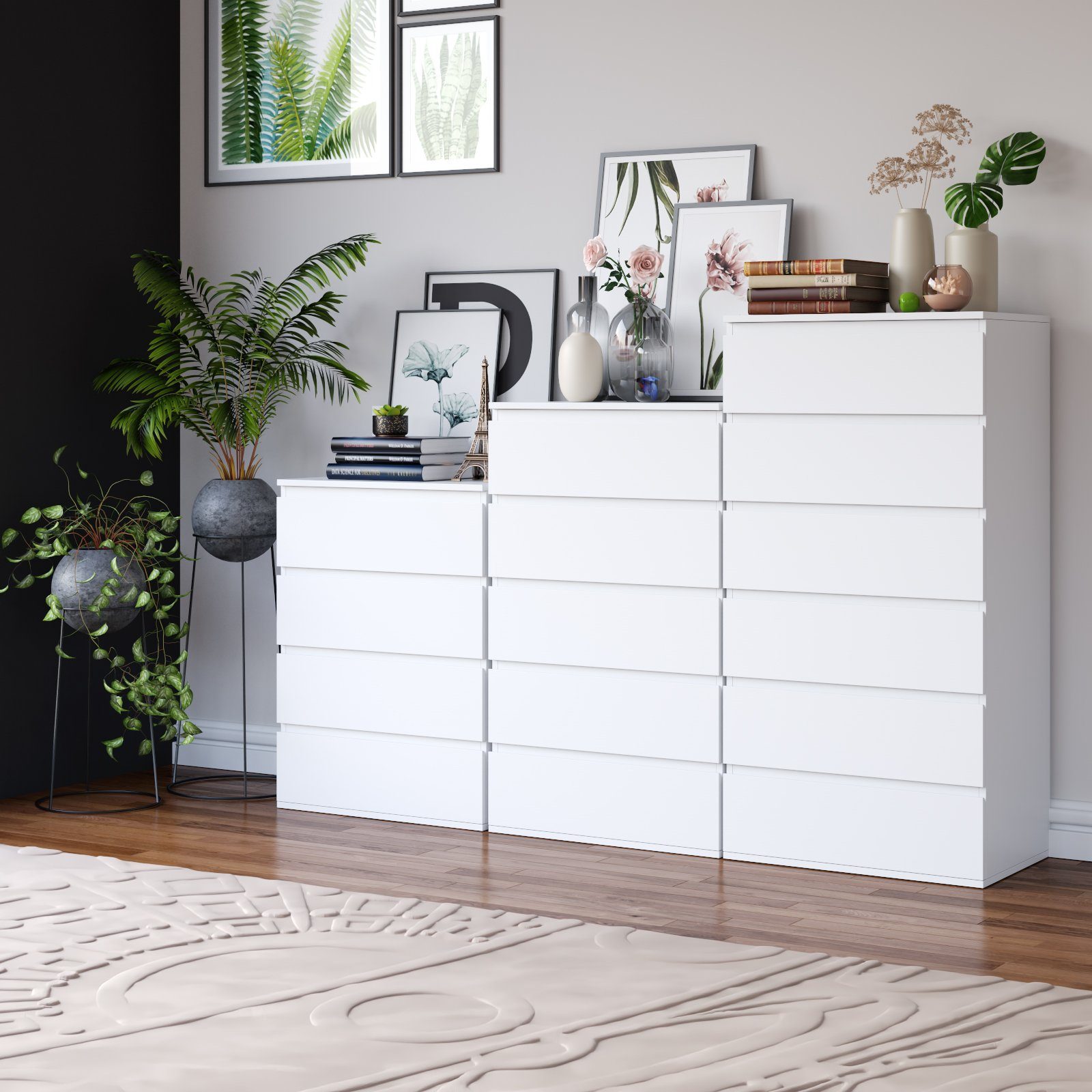 Homfa Kommode, Sideboard mit 6 Schubladen, Schubladenschrank holz, weiß, 60x40x118,5cm