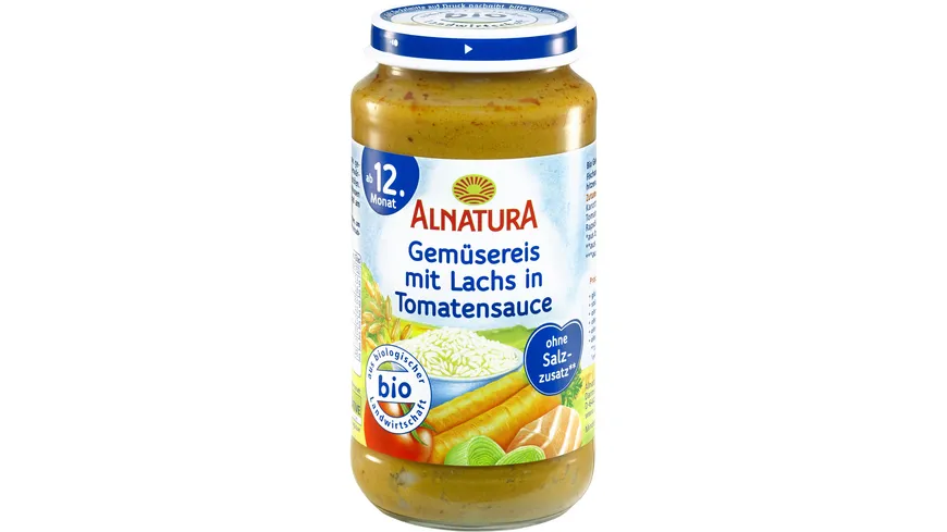 Alnatura Bio Gemüsereis mit Lachs in Tomatensauce, Babygläschen (ab 12. Mon.) 250 g