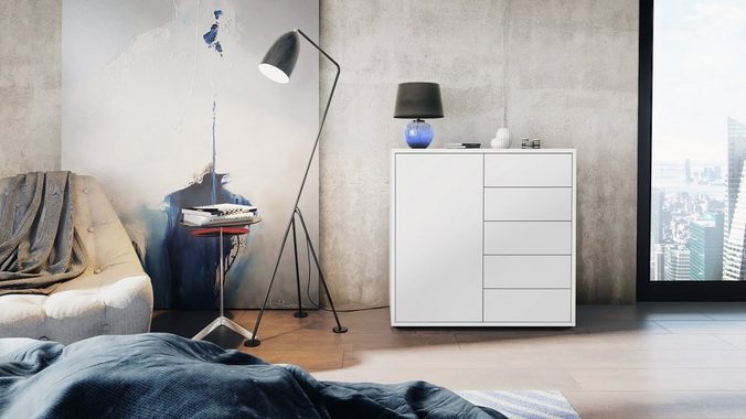 Vladon Kommode Ben (Kommode, mit 1 Tür und 5 Schubladen), Weiß matt/Weiß matt (79 x 74 x 36 cm)