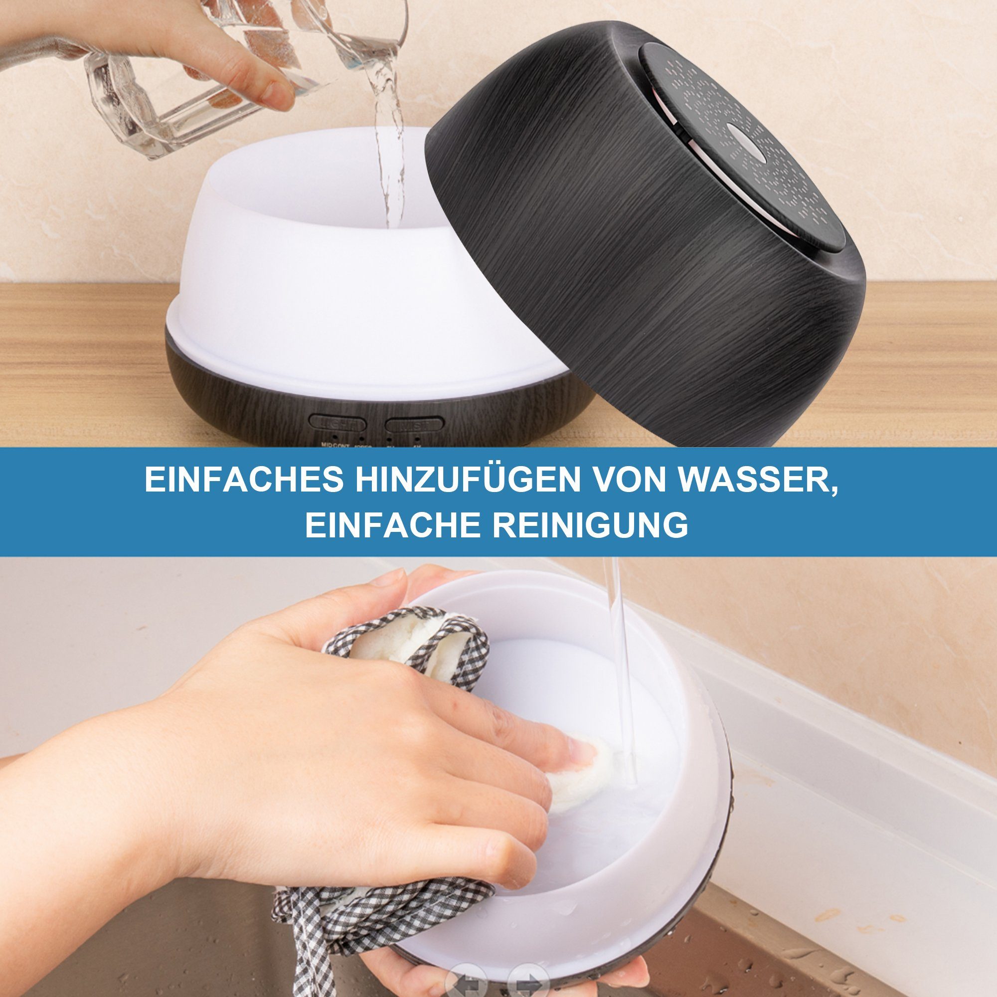 Vbrisi Luftbefeuchter Aroma Diffuser Luftbefeuchter Holzmaserung Duftöl Diffuser, 0,30 l Wassertank, Holzoptik, 7-Farben-Blendung, mit Fernbedienung, 3-teiligem Duftölset
