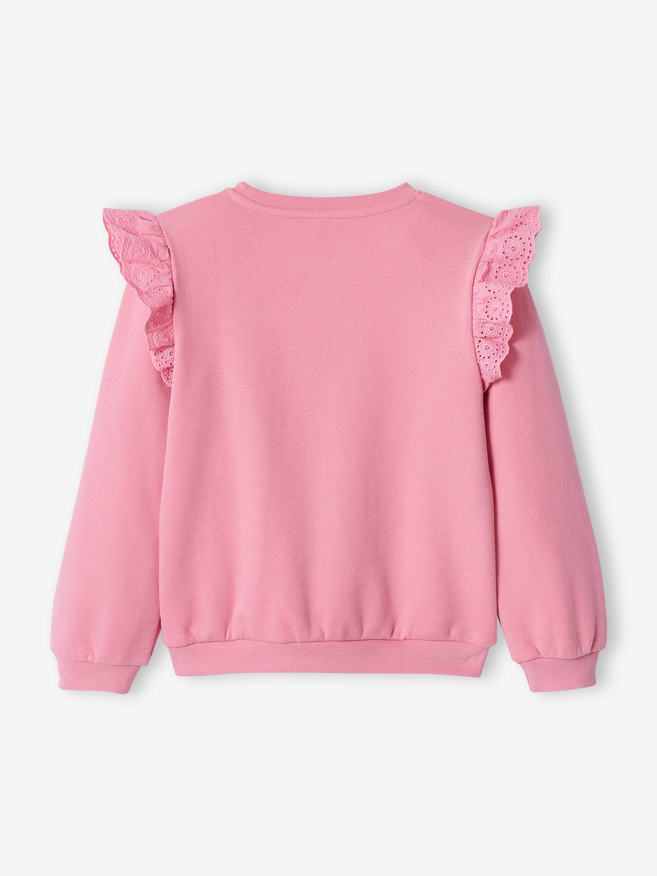 Sweat motif fleur flocké fille volants en broderie anglaise rose bonbon