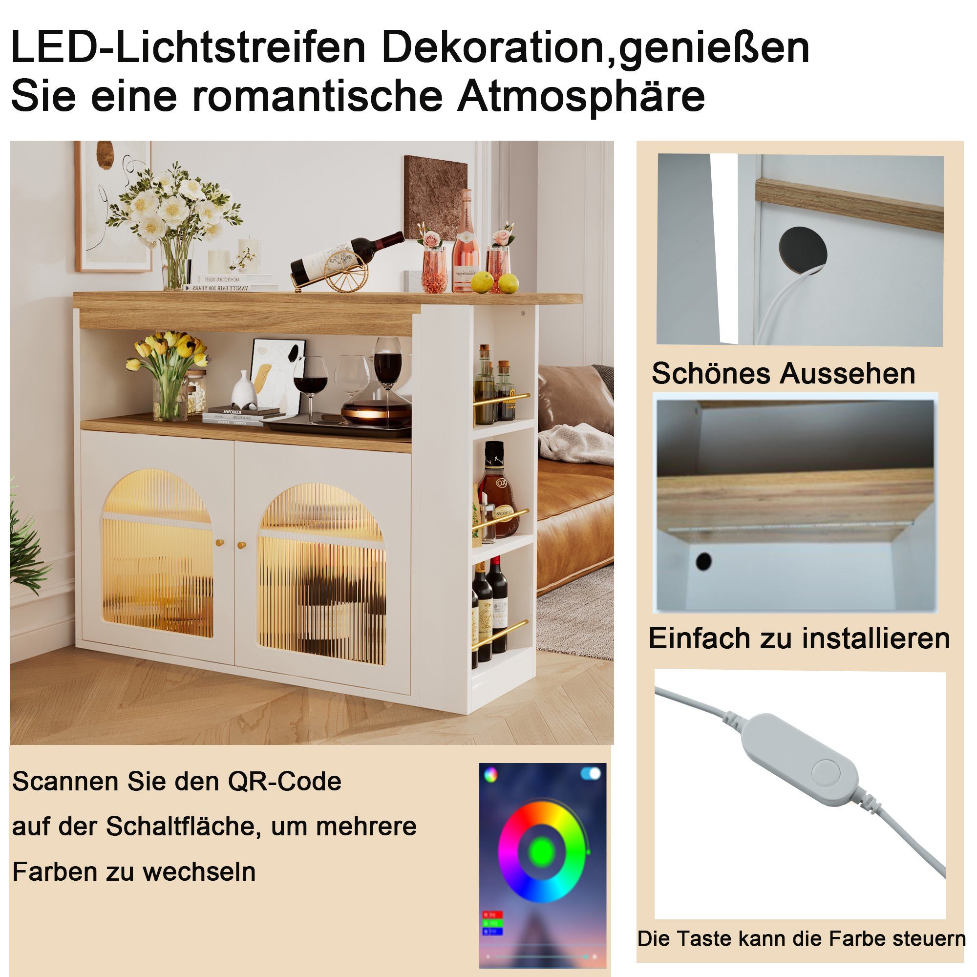 REDOM Bartisch Stehtisch Ausziehbarer Esstisch (Bunte LED-Lichtleisten Freie 360-Grad-Drehung, 1-St), mit Stauraum, für Esszimmer und Wohnzimmer