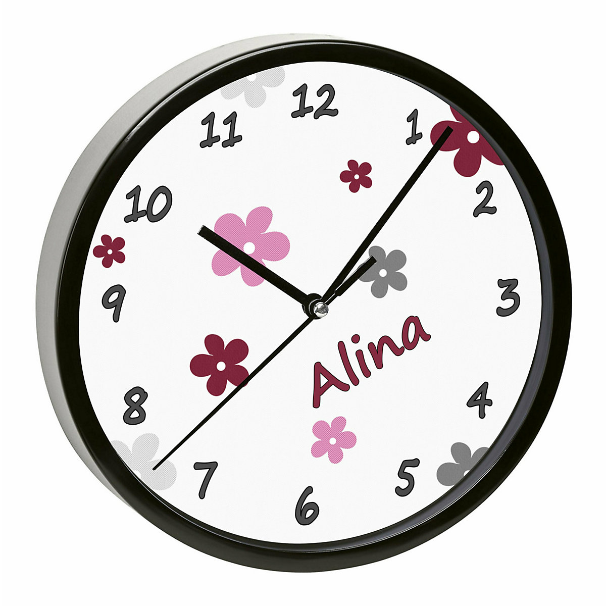 Kinder Wanduhr laufruhig personalisiert mit Name Blumen Brombeere Grau