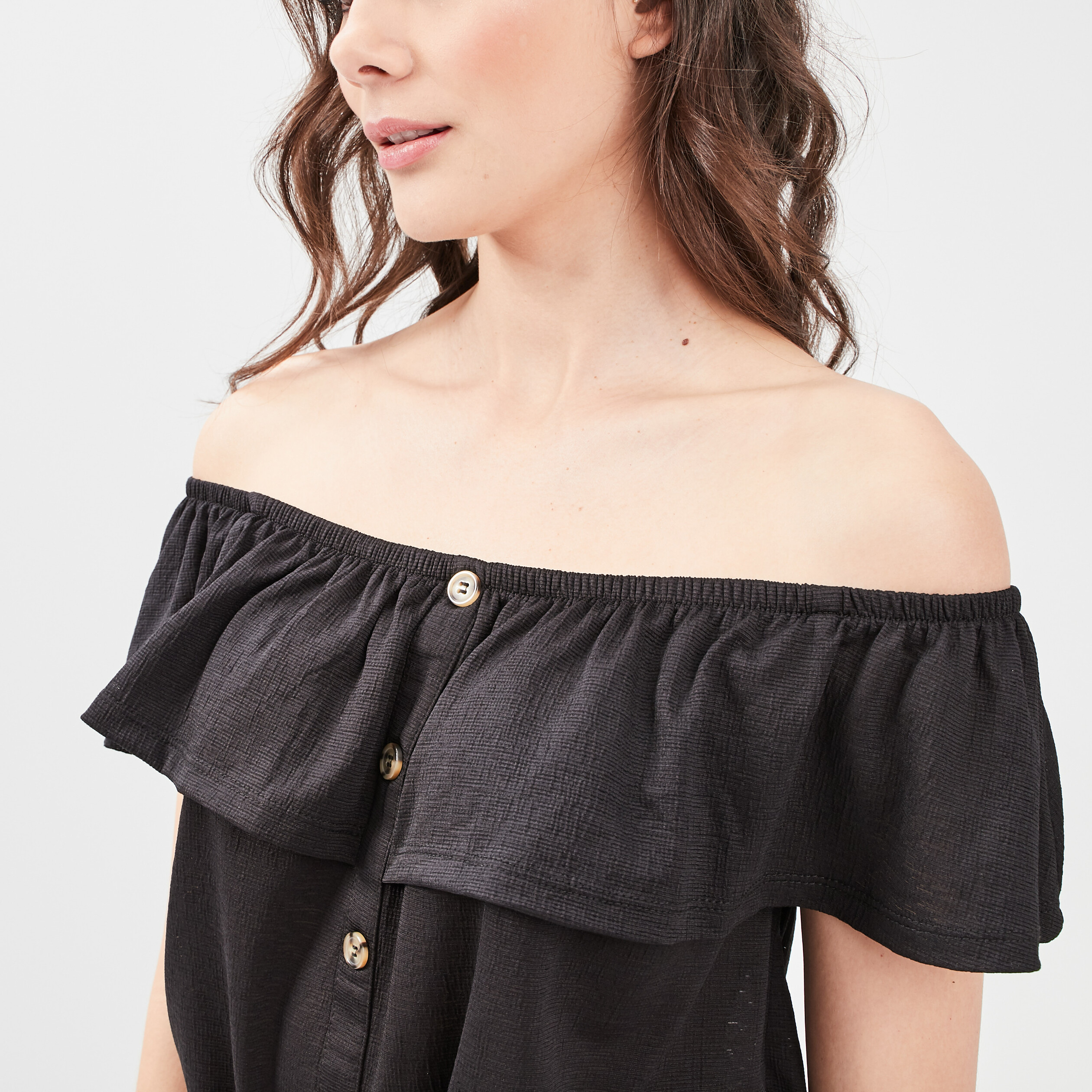 T-shirt col bardot manches courtes noir femme | La Halle