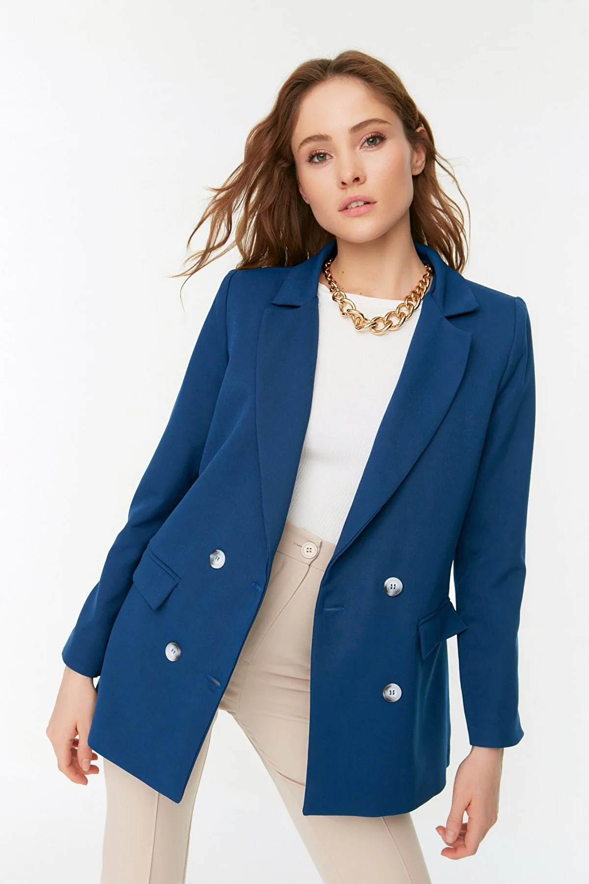 Trendyol Collection  Indigofarbener, regelmäßig gefütterter, zweireihiger, gewebter Blazer-Jacke TWOAW21CE0264