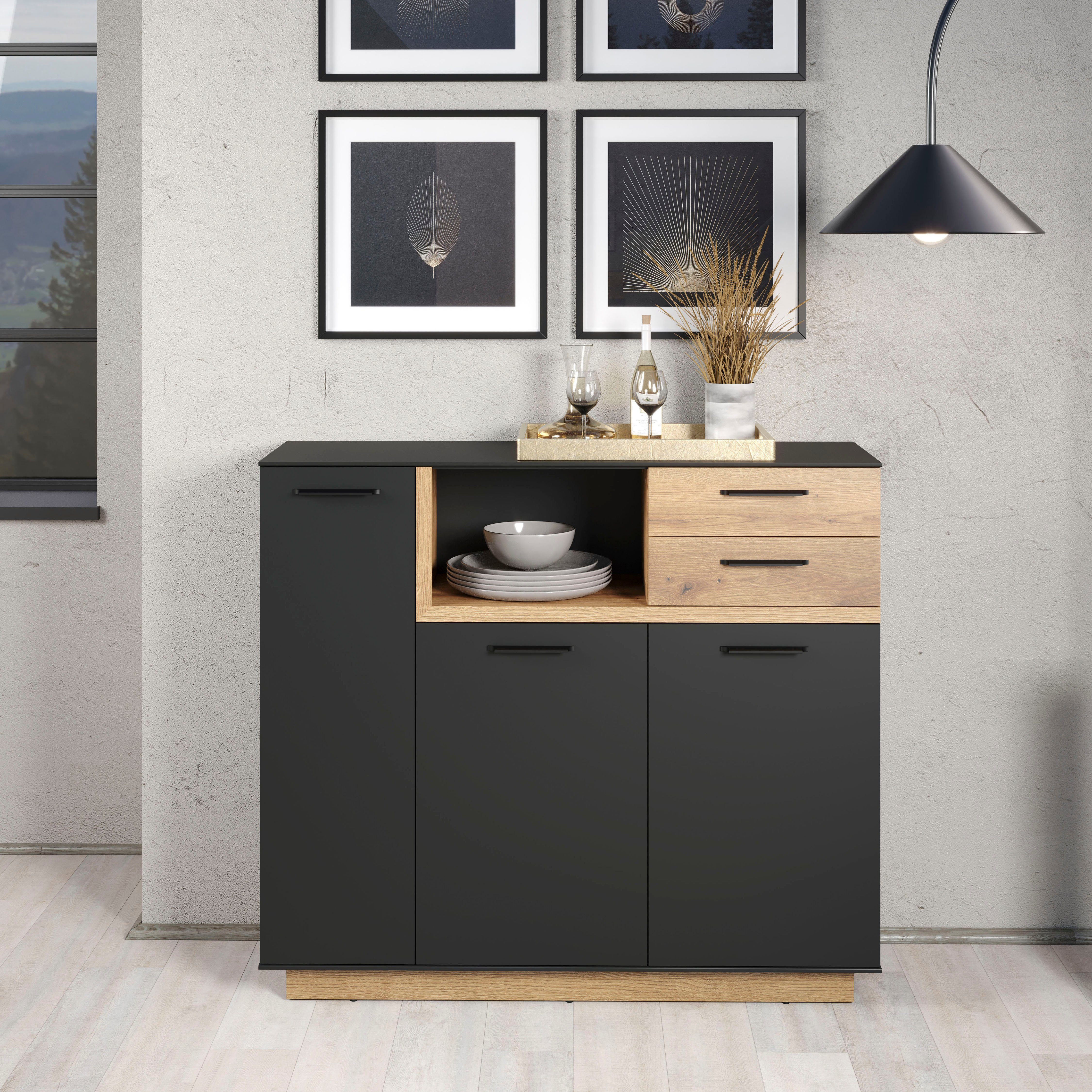 INOSIGN Highboard Premont (1 St), ca. 128 cm breit, zweifarbiger Schrank, moderne Eiche, stehend