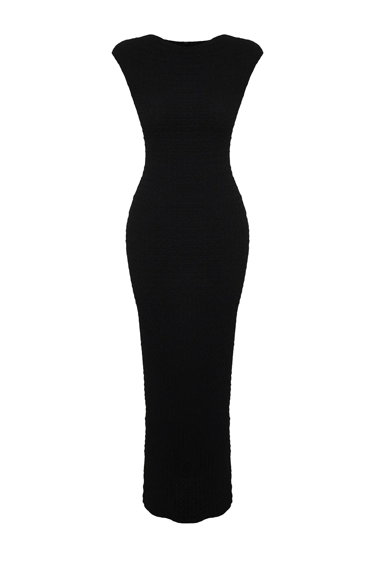 Trendyol Collection  Schwarzes, tailliertes/tailliertes Strick-Midi-Bleistiftkleid mit Mondärmeln aus strukturiertem Stoff TWOSS24EL00103