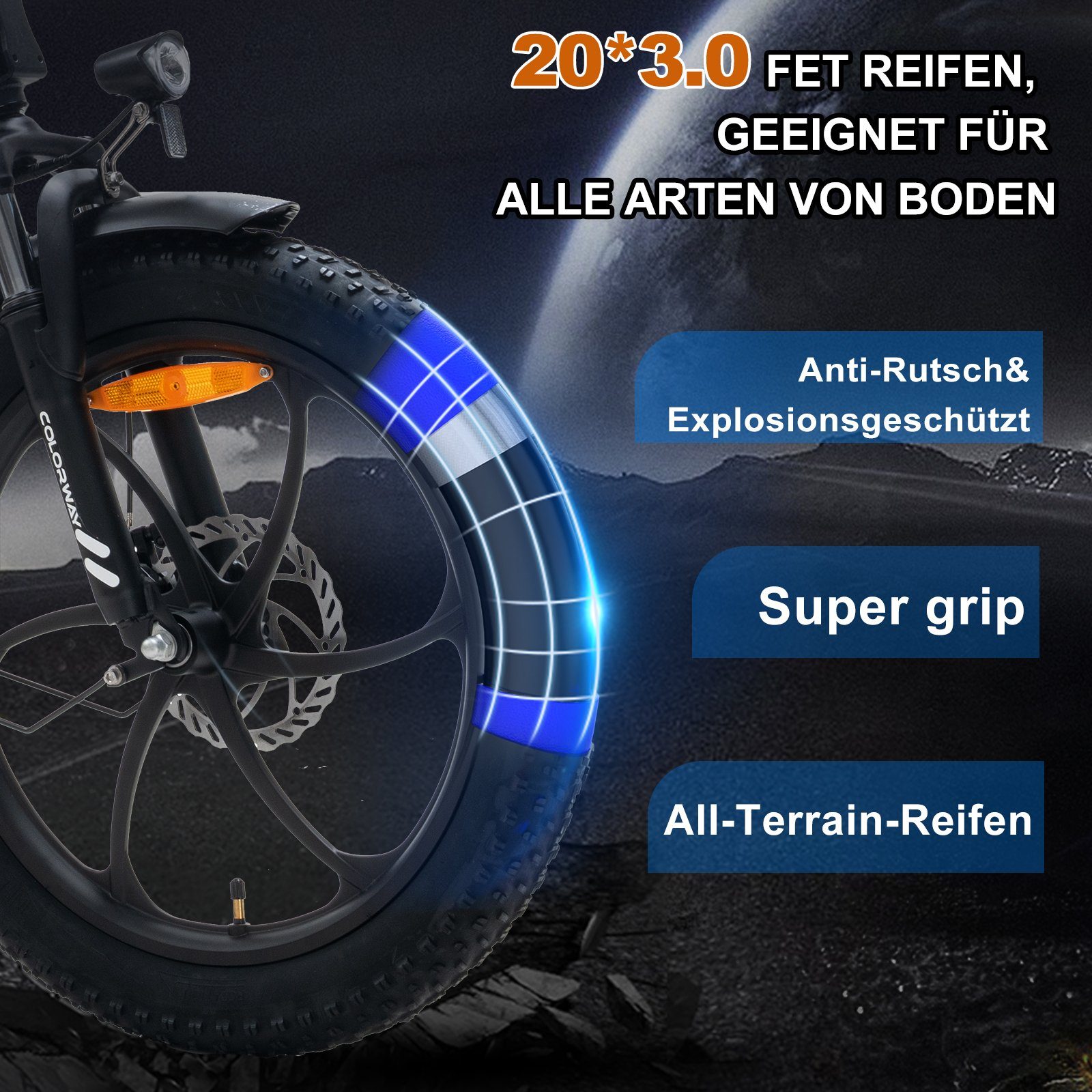 COLORWAY E-Bike mit Tasche 20 Zoll x 3.0 Fat 250W Faltrad, 36 V/15 Ah Shimano, 7 Gang Shimano, Kettenschaltung, Heckmotor, Elektrofahrrad für Damen und Herren 160 - 185 cm, innerhalb der StVZO