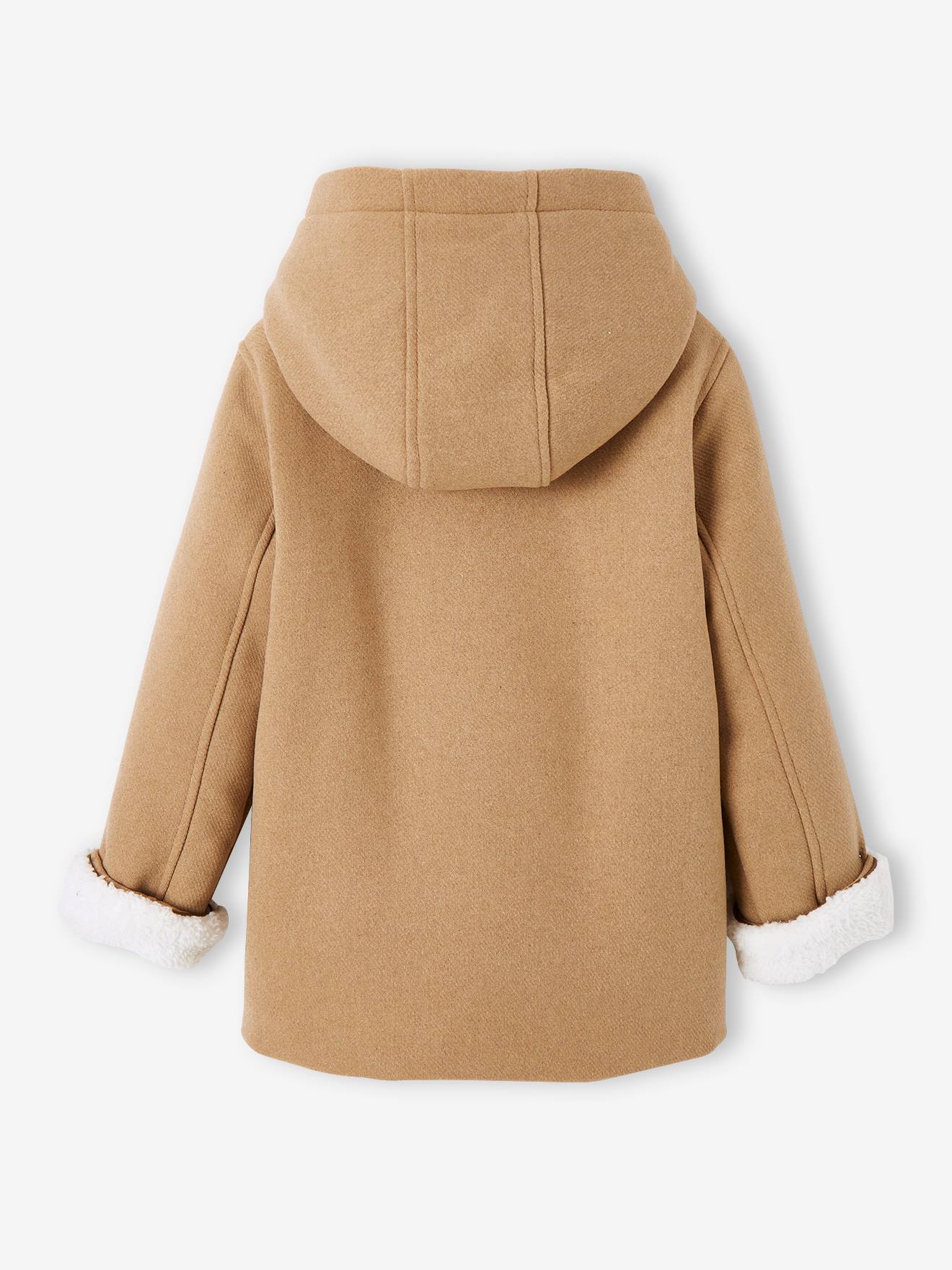 Manteau à capuche en drap de laine fille doublé sherpa chamois
