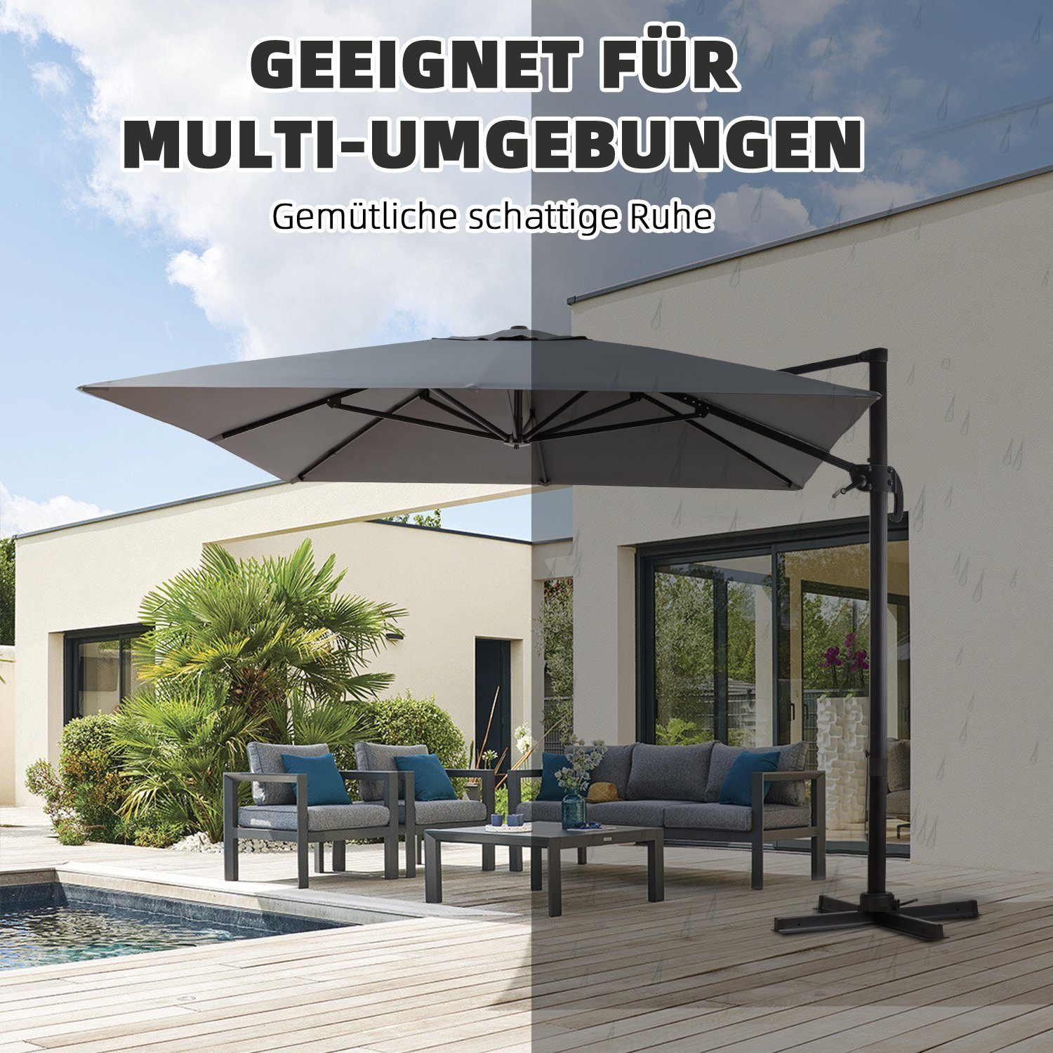 EROMMY Sonnenschirm Rechteckiger Terrassenschirm für Garten und Balkon, LxB: 374,00x285,00 cm, 360° drehbar, 5-fach verstellbar, ohne Schirmständer