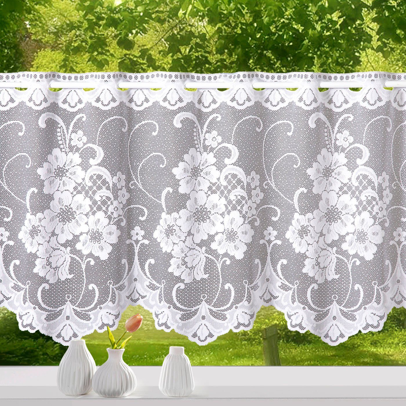 Scheibengardine Mantua, Weckbrodt, Stangendurchzug (1 St), halbtransparent, Jacquard, Bistro, Gardine, Jacquard, floral, geblümt