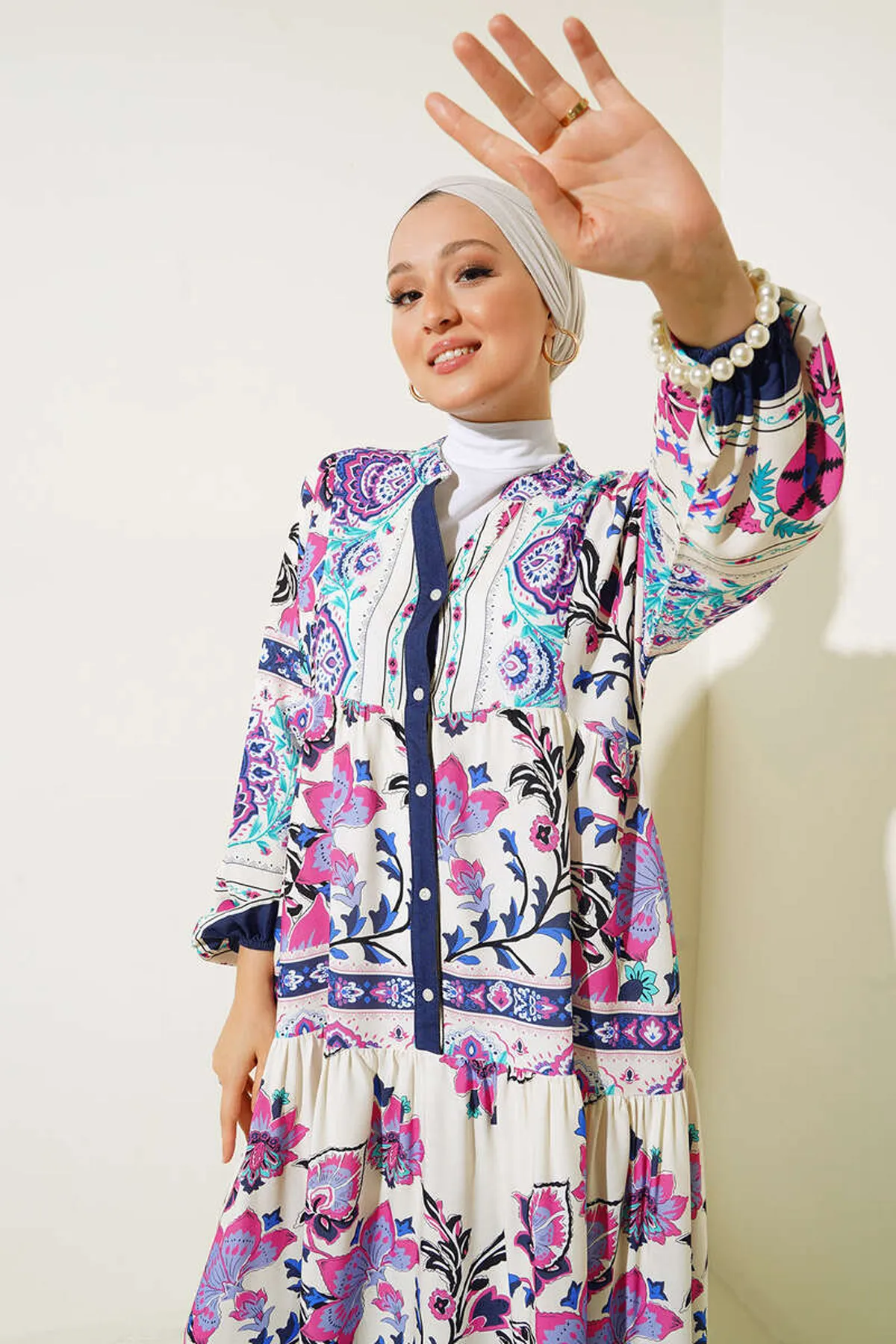 Bigdart  2423 Authentisches gemustertes Hijab-Kleid – Marineblau