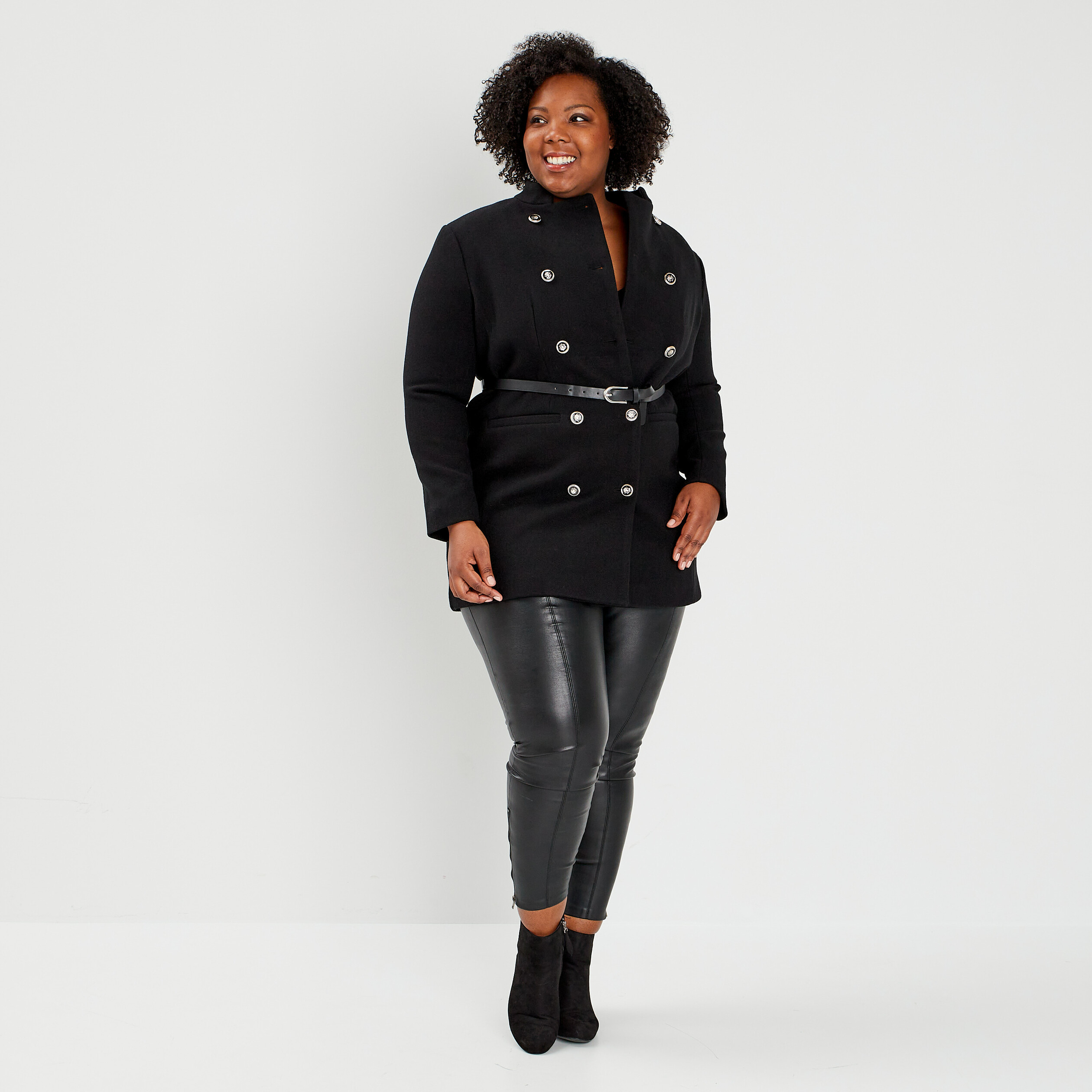 Manteau esprit officier droit ceinturé noir femme grande taille | La Halle