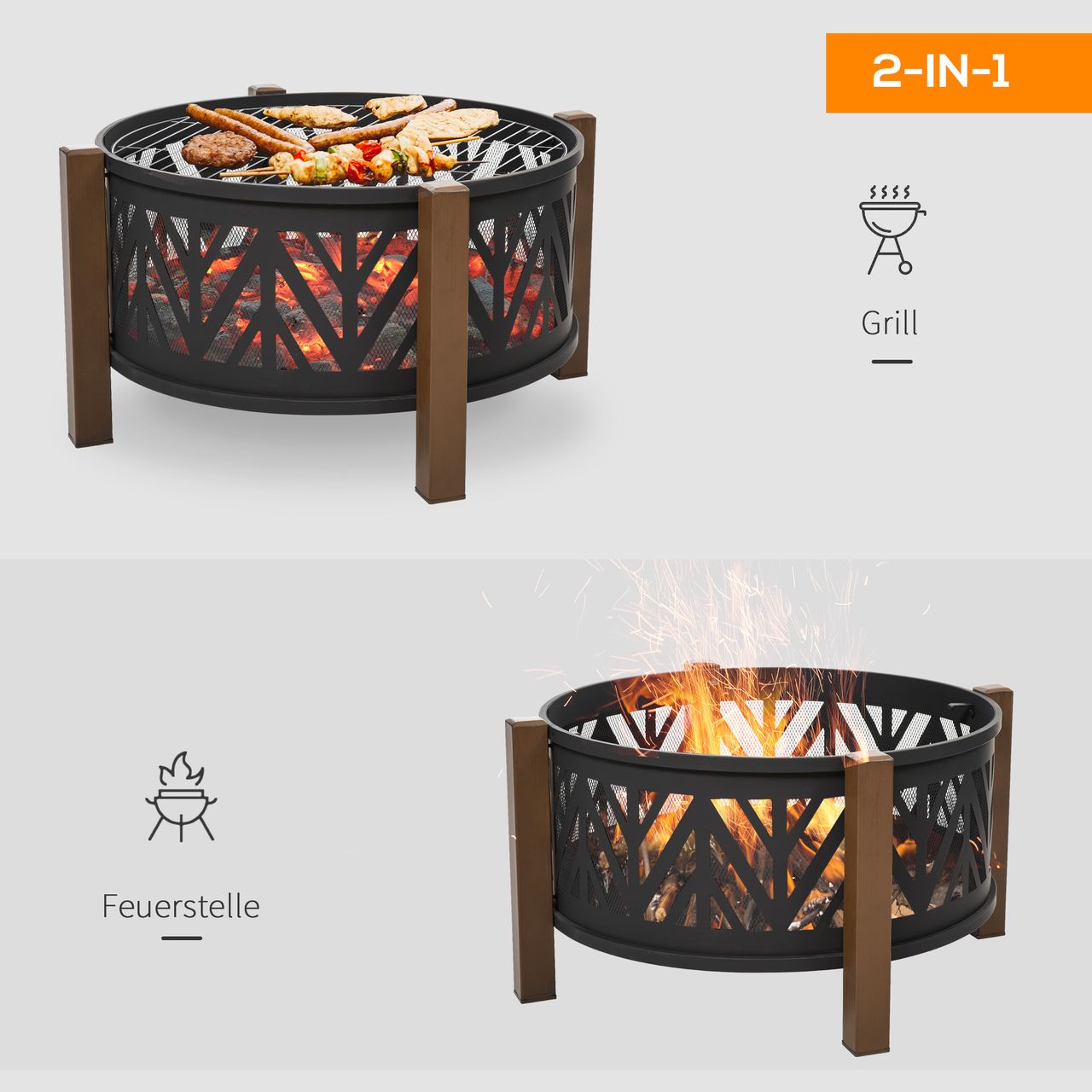 Outsunny Feuerschale Feuerkorb mit Funkenschutz Grillrost Garten BBQ Braun