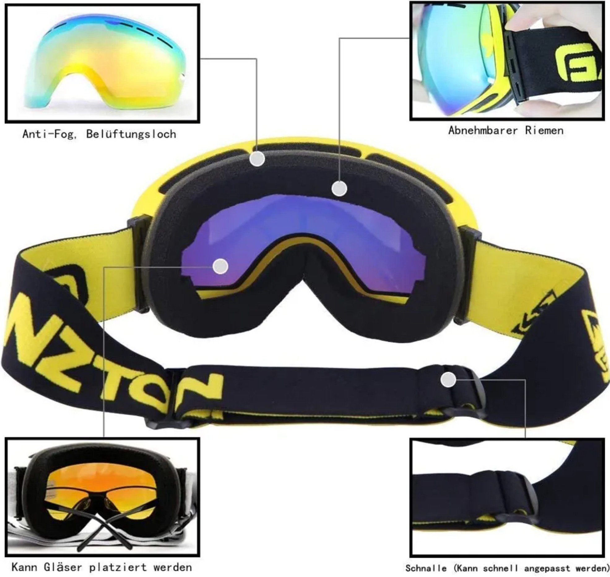 OKA Skibrille Skibrille Snowboard Brille UV-Schutz Anti Fog Ski Goggles für Schnee, für Brillenträger Herren Damen Erwachsene Jugendliche