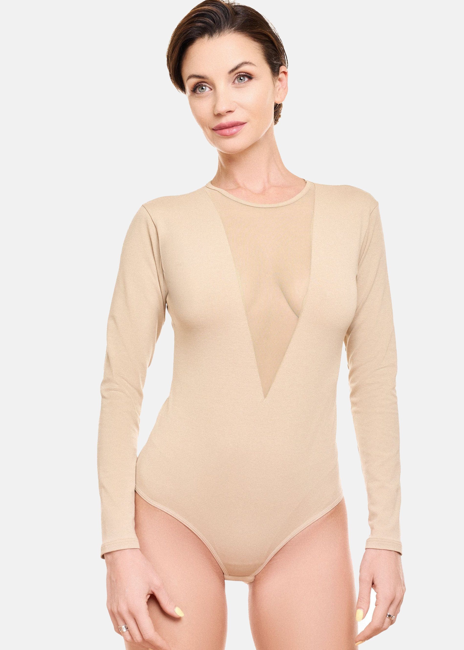 Evoni Body Damen Langarmbody V-Dekollete Tüll Blickdicht