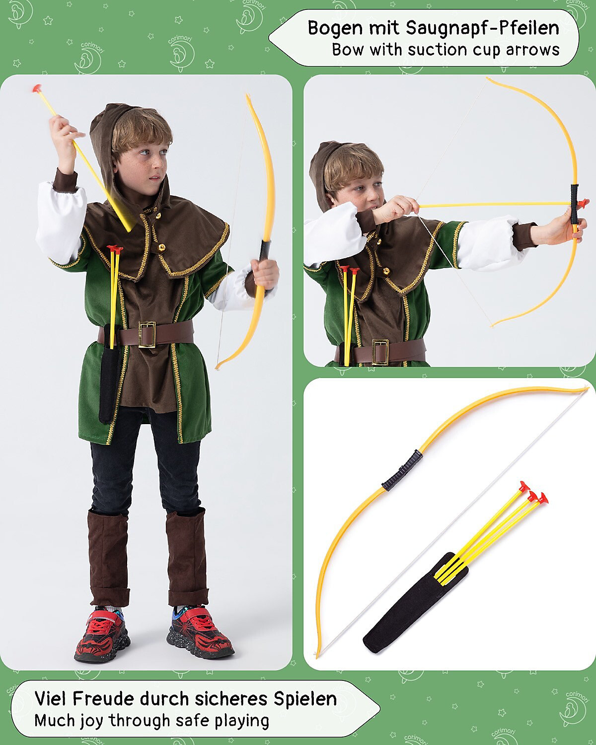 Robin Hood Kostüm Set mit Bogen, Verkleidung für Kinder zu Fasching, cooles Karnevalskostüm, braun/grün