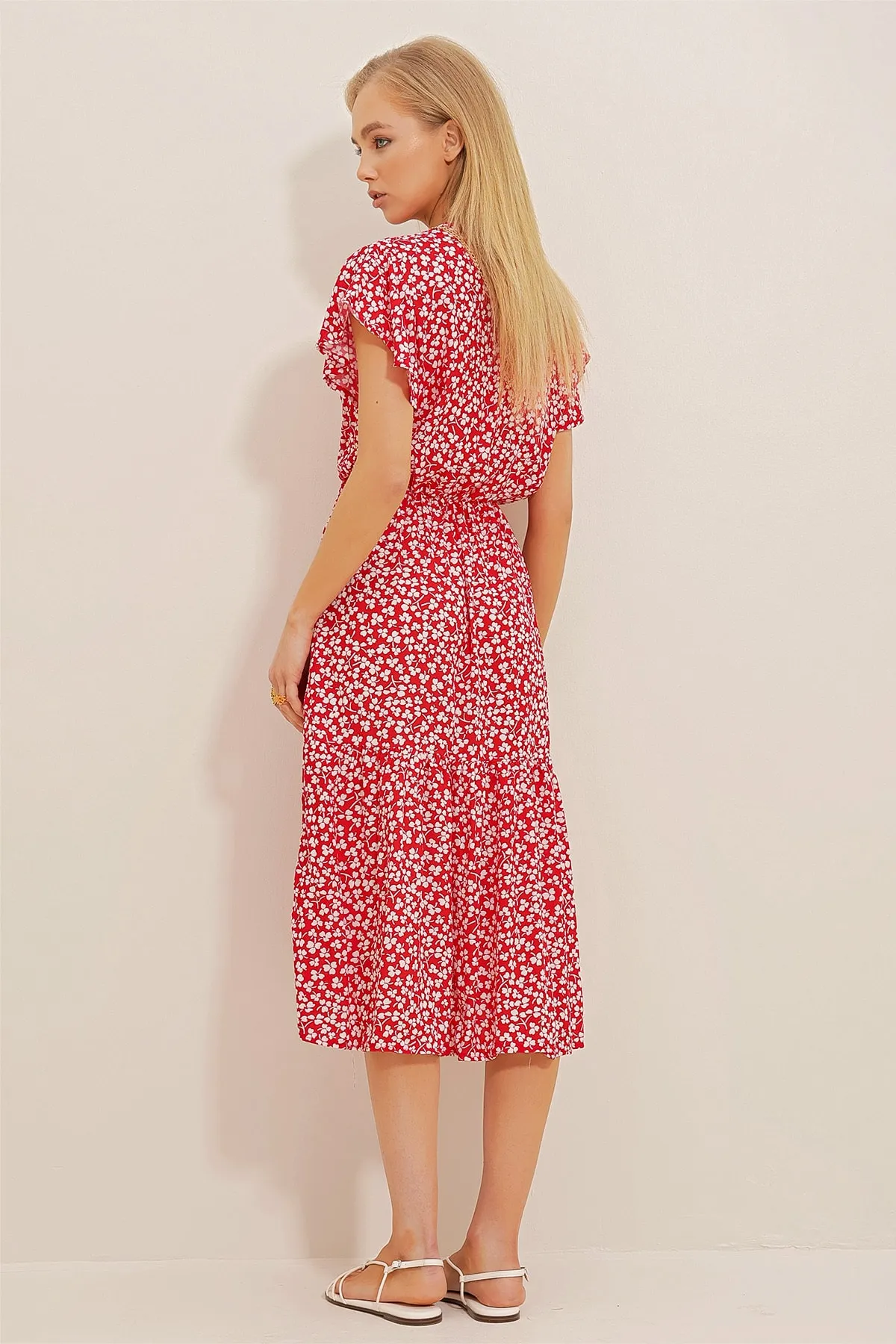Trend Alaçatı Stili  Rot-weißes zweireihiges Kleid aus Viskose mit Kragen und Volant für Damen ALC-X4373