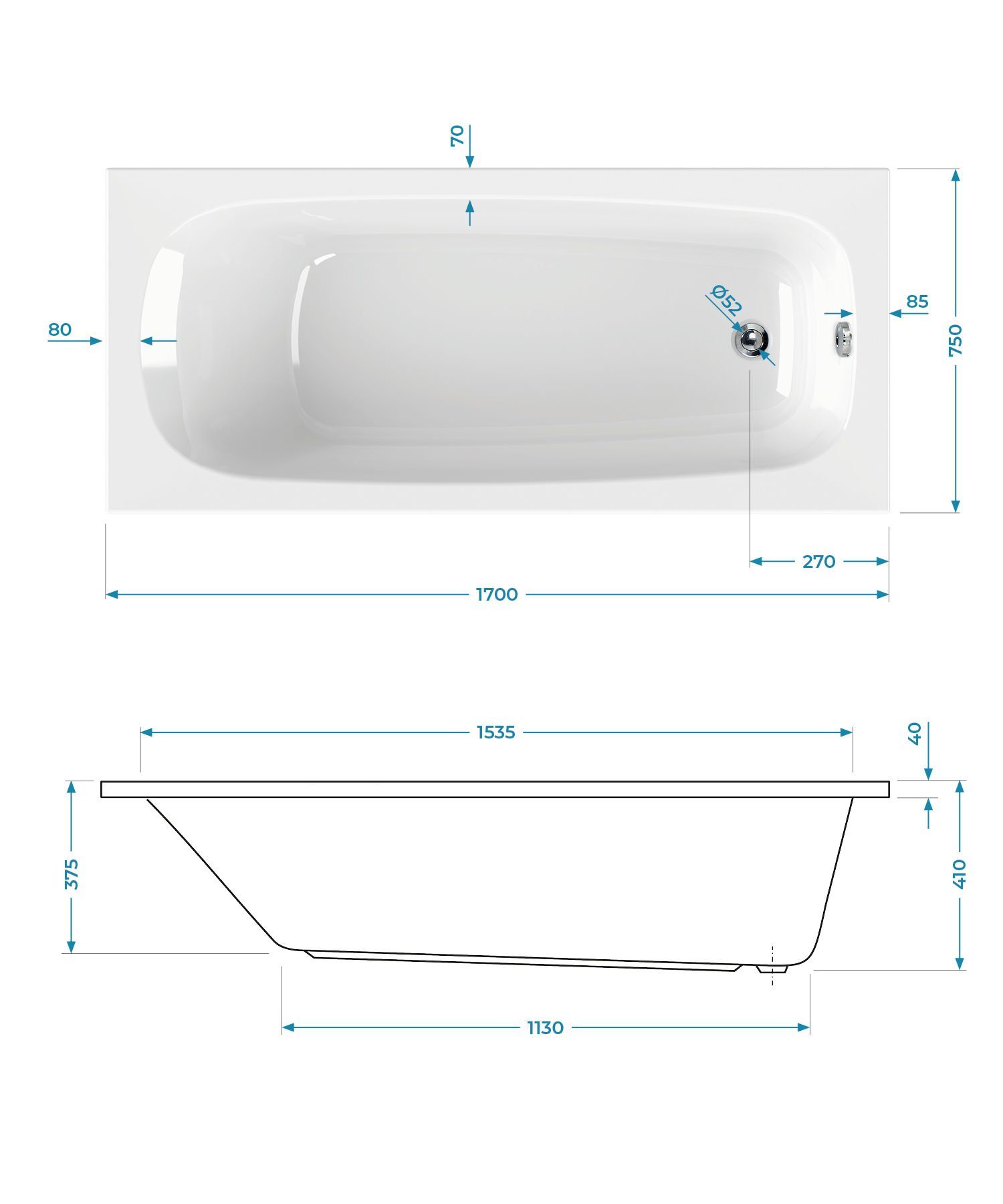 Calmwaters Badewanne Original, (1-tlg), Weiß, 170 x 75 cm, Acryl, ergonomische Körperformbadewanne, 02SL3012