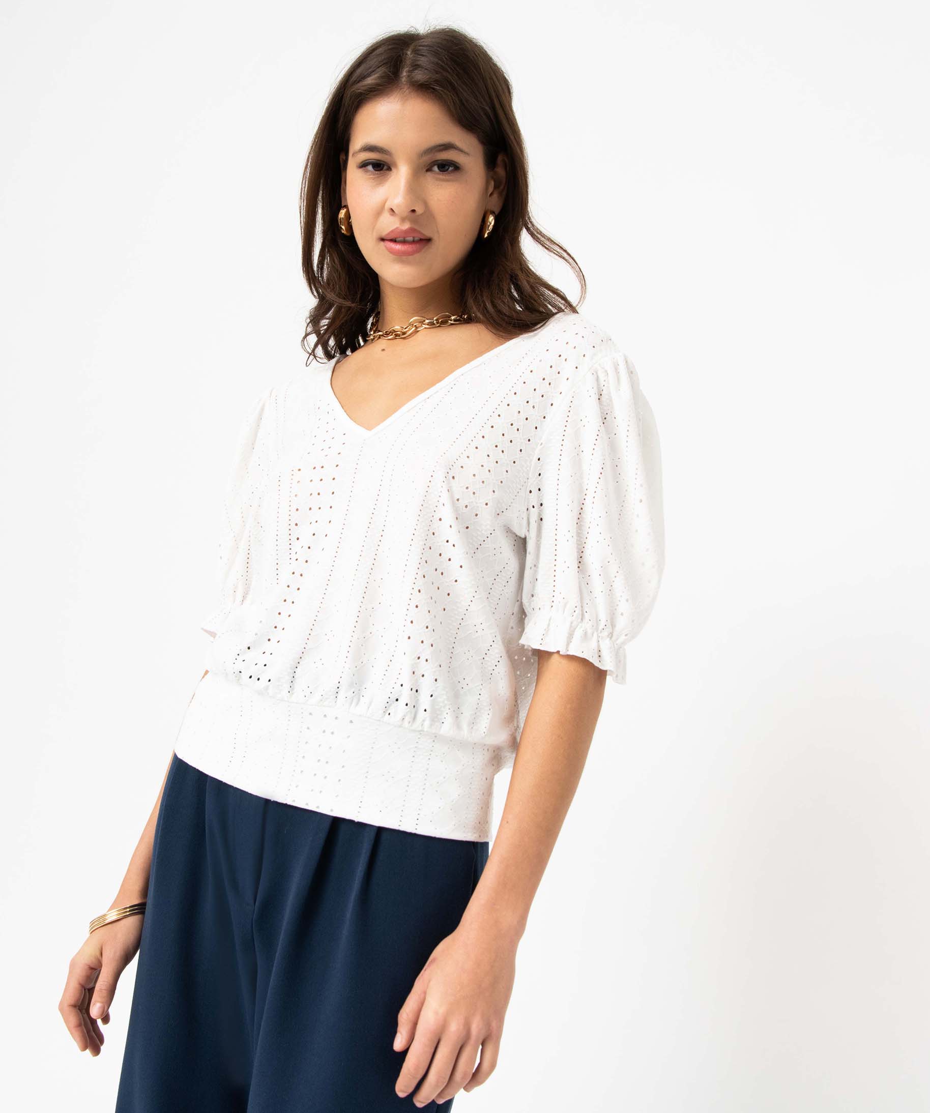 Tee-shirt manches courtes col V devant et dos en dentelle femme ecru | GEMO