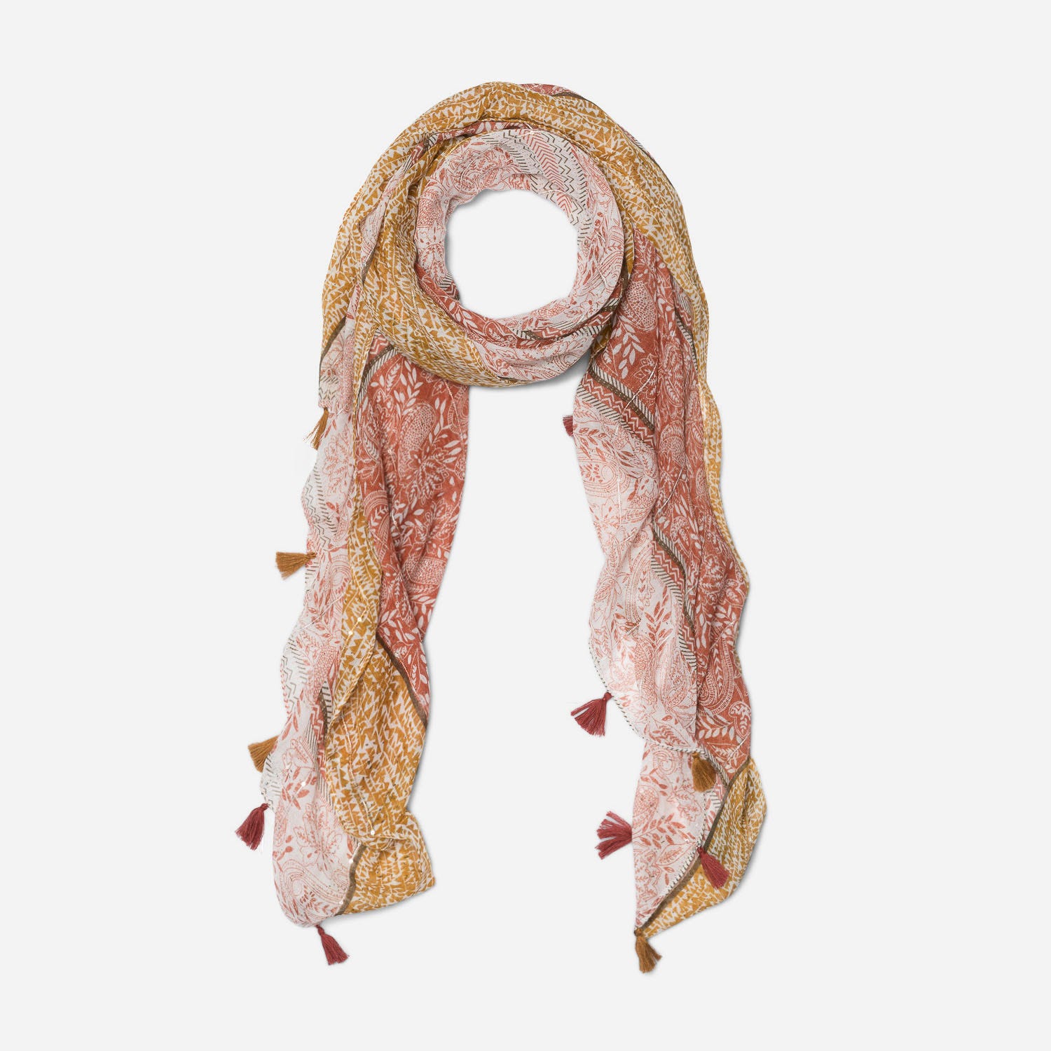 Foulard TEXTO rouge et safran à motifs cachemire