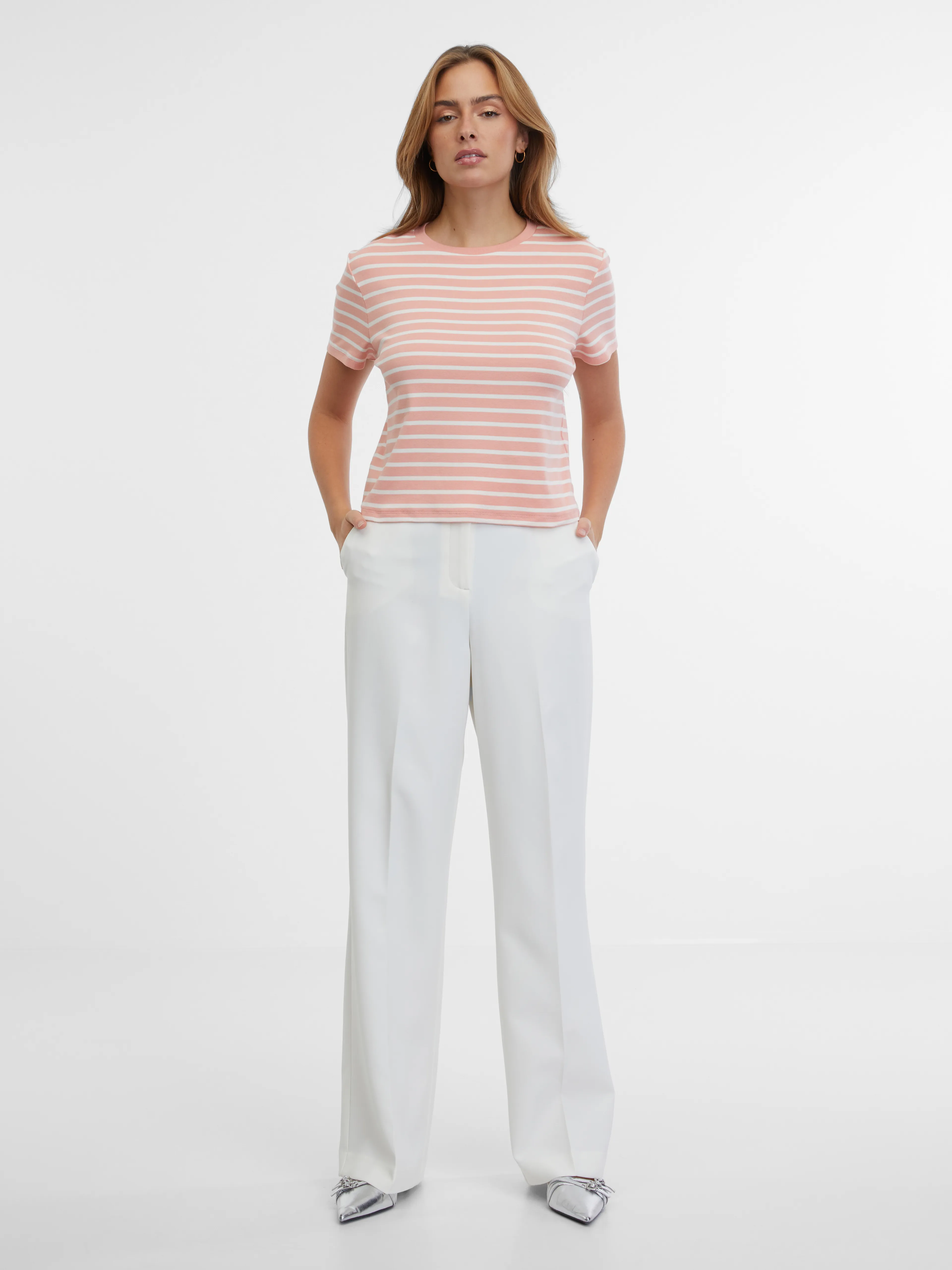 Creme und rosa gestreiftes Damen-T-Shirt ORSAY