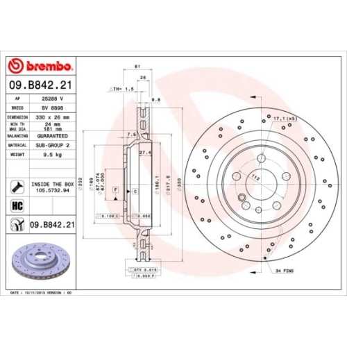 Bremsscheibe Brembo Hinterachse  1 Stück 09.B842.21 - ATU