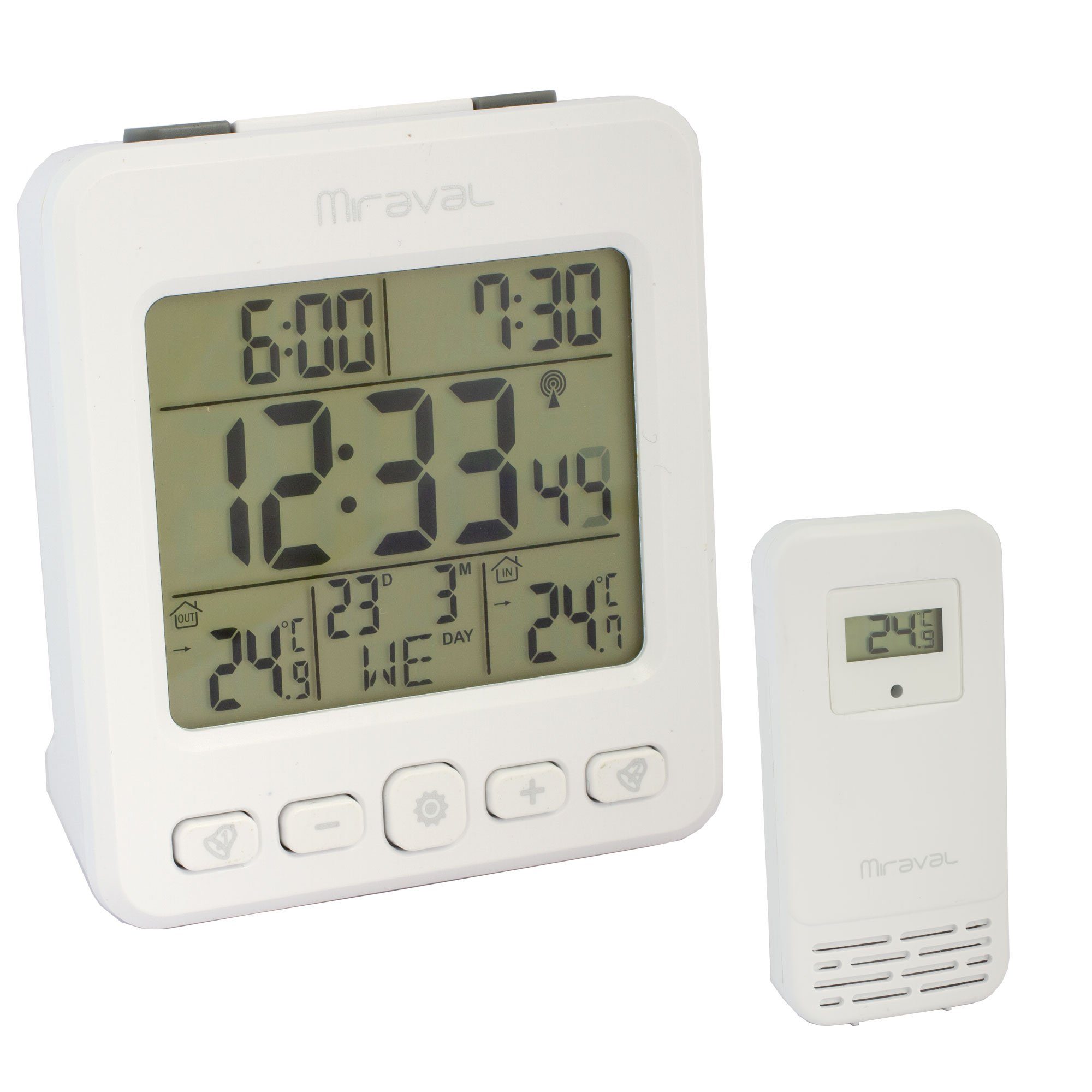 Miraval LCD Funkwecker mit Außensensor Wetterstation Datumsanzeige Funkuhr Kalender Datum 2 Alarme Datumsanzeige Snooze Funkwetterstation (Datumsanzeige, Funksignal, Temperaturanzeige, Aussensensor, AA-Batterien, Schwarz, Großer Display, Funkwecker)