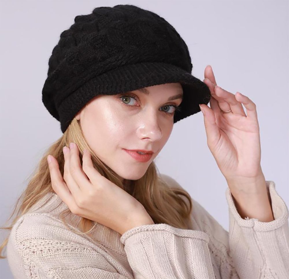 HutWorld Filzhut Damen Wollmütze (Winter Mütze Warme Strickmütze, Retro Fedorahüte Frauen Glockehut) Bowler Hut Winter Strickmütze mit Schirm Damen Melone Hut