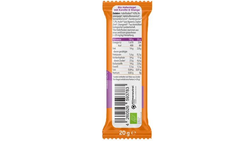 pumpkin organics Bio Haferriegel mit Karotte & Orange 20 g
