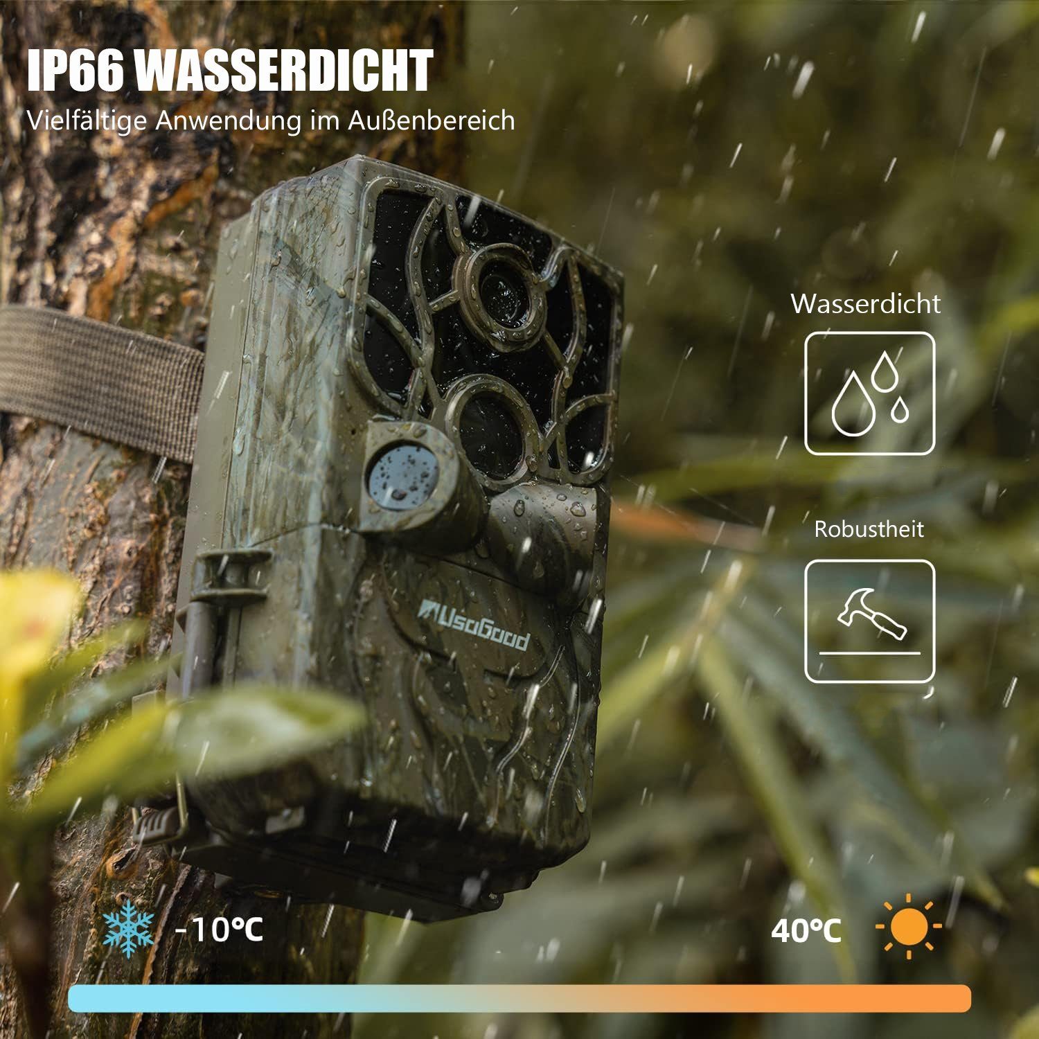 Usogood TC80 WLAN Wildkamera 4K 48MP 30fps Wildkamera mit Bewegungsmelder Wildkamera (Außenbereich, Wild, Bluetooth mit Nachtsicht, bewegungsaktivier,60°/120° Bewegungssensor, 0.3s Auslöserbewegung aktiviert 20 Meter 120°Weitwinkel, 36 Stück 850-nm-I