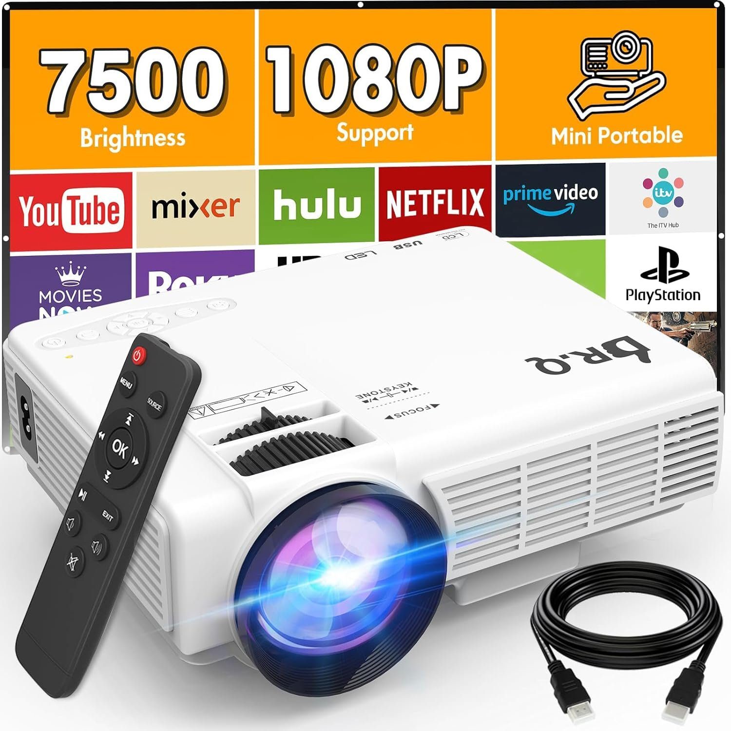 Puxinat Mini Beamer, VerbesserterVideo, Unterstützt Portabler Projektor (7500 lm, 5000:1, 1920 x 1080 px, Multimedia Outdoor Heimkino Filmprojektor Kompatibel mit HDMI USB)