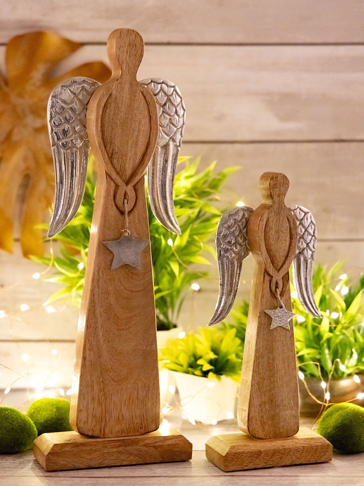 Casamia Dekofigur Dekofigur Engel 2er Set 12/16x32/47cm Weihnachten Mangoholz Aluminium