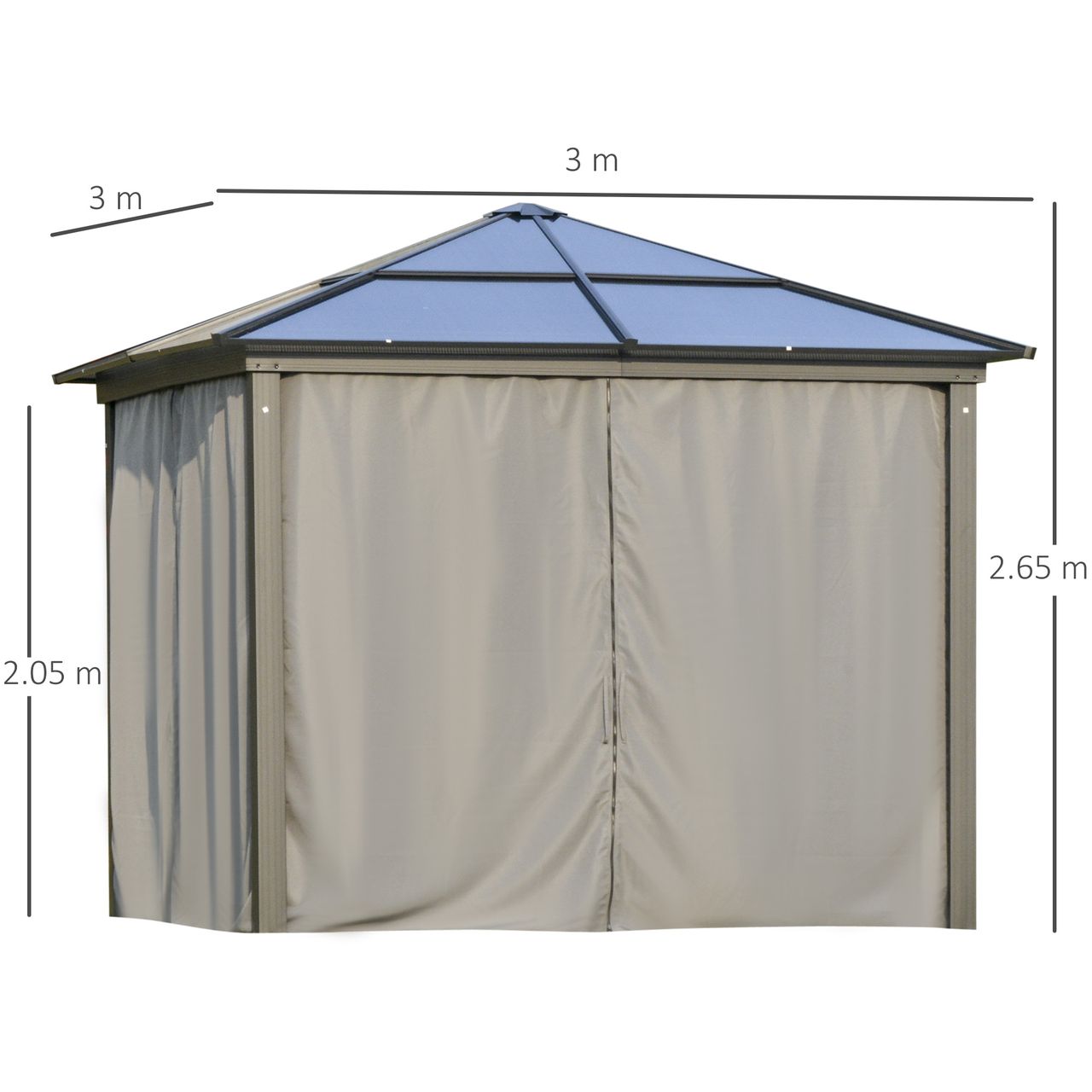 Outsunny Luxus Pavillon Gartenpavillon Alu Partyzelt Gartenzelt mit lichtdurchlässigem PC Dach Dunkelgrau Schwarz 300 x 300 x 265 cm