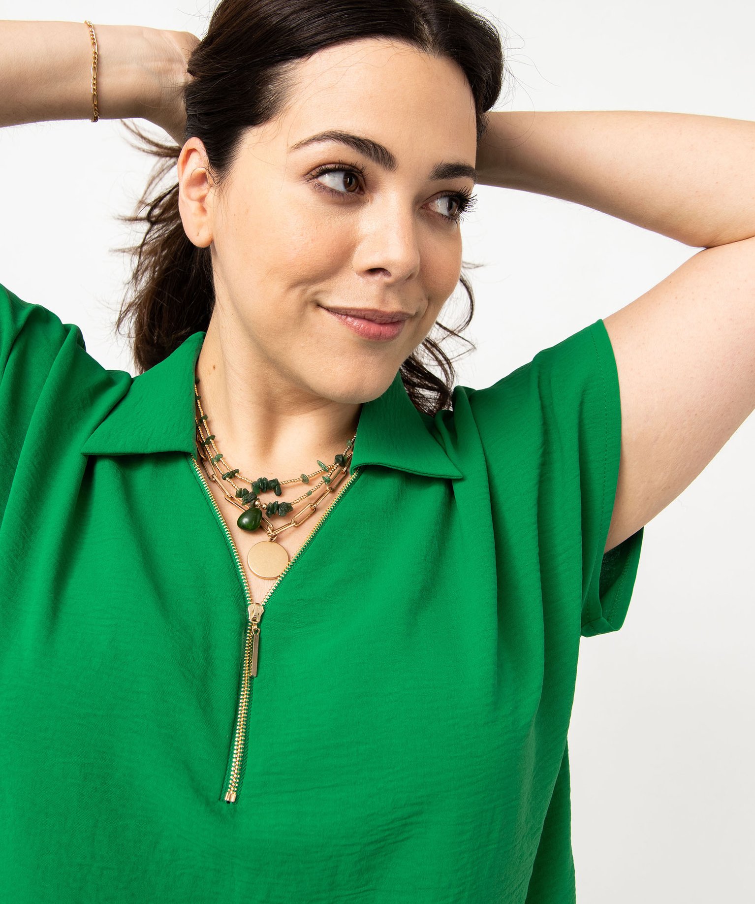 Blouse à manches courtes avec col zippé femme grande taille vert | GEMO