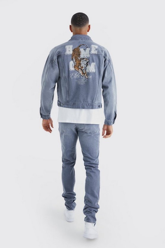 Tall kastige Jeansjacke mit Tiger-Applikation
