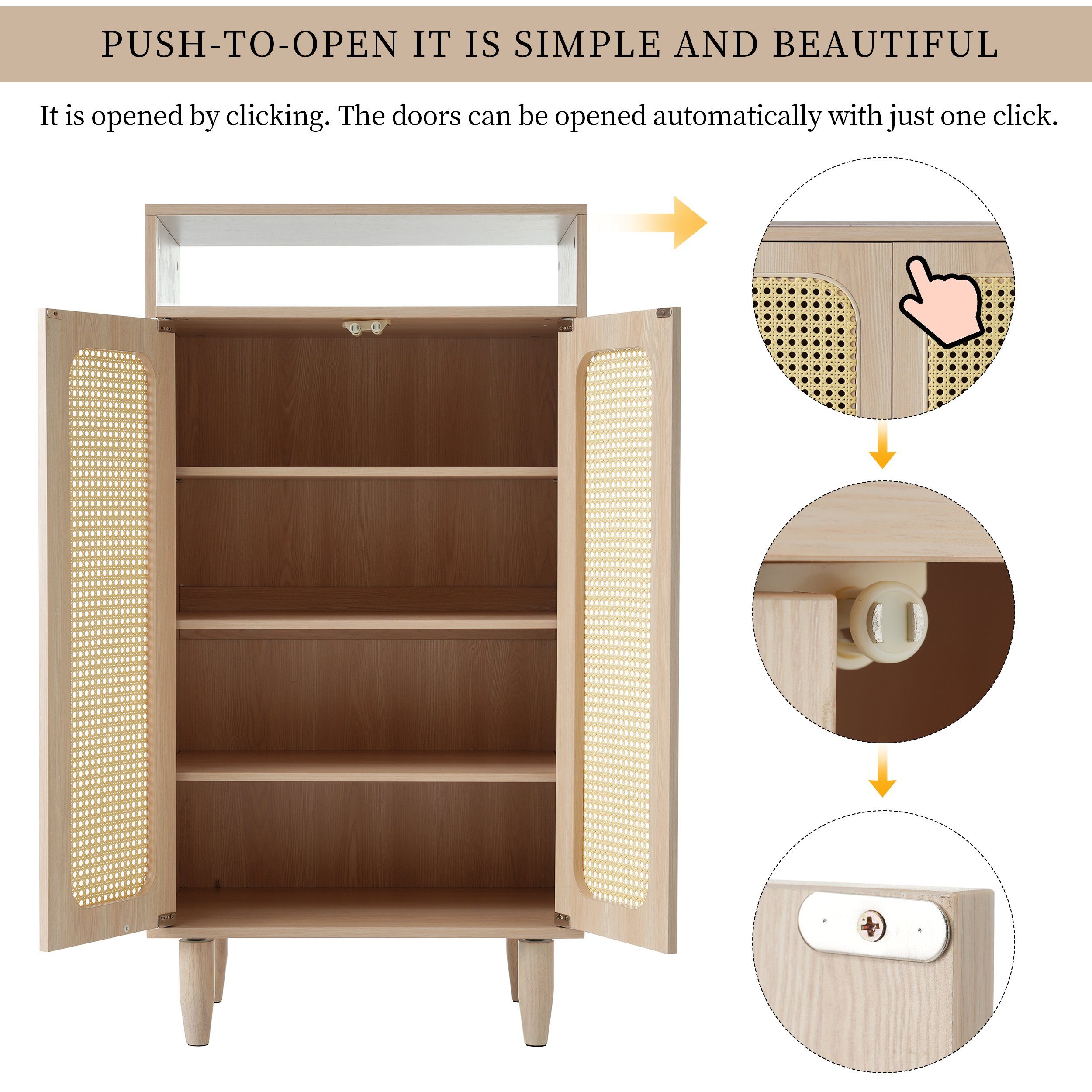 OKWISH Highboard Sideboard (mit Rattantüren und offenen Fach), Sideboard mit verstellbare Einlegeböden