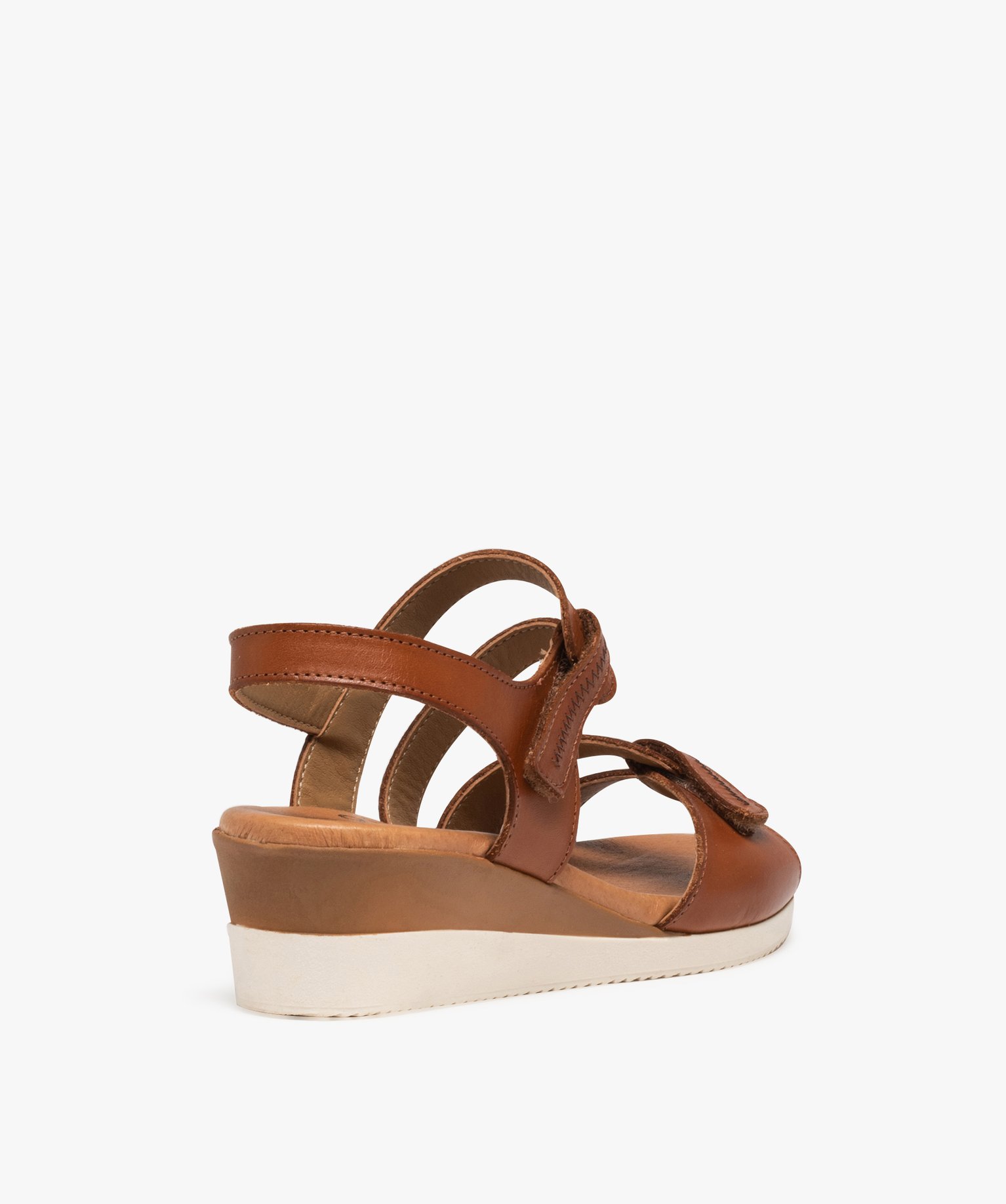 Sandales femme compensées à brides scratch en cuir camel | GEMO