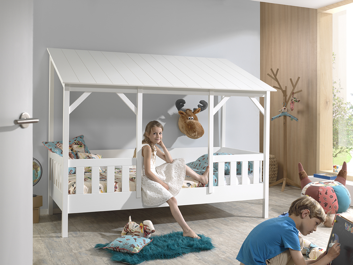 VIPACK Hausbett mit 90 x 200 cm Liegefläche, Dach in Weiß