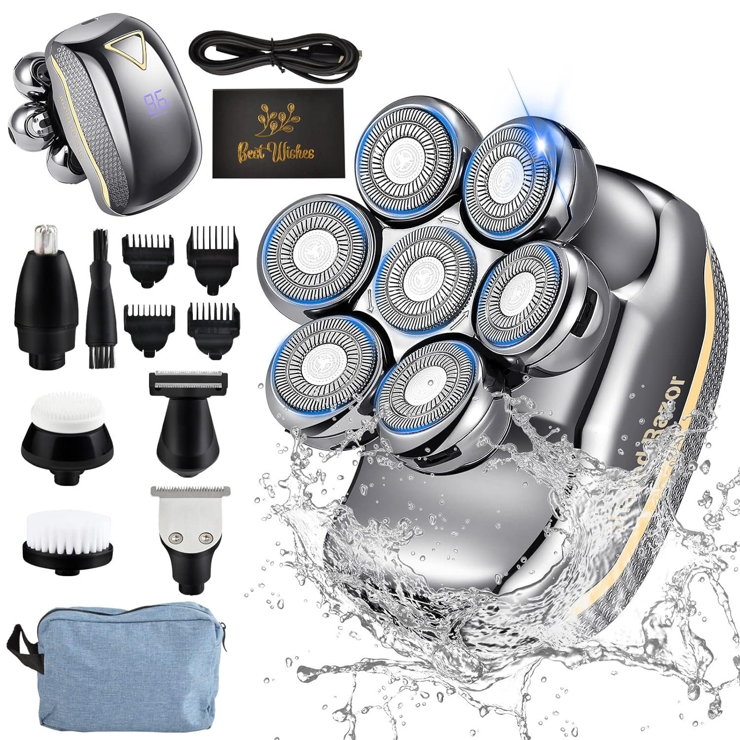keystar Elektrorasierer 6-in-1 Wasserdichter Rasierer für glatte Köpfe, Nass/Trocken, Elektrorasierer - Herren Pflegeset mit LED-Display, Wiederaufladbar, inklusive Reisetasche, Aufsätze: 6, - 7D Rasierapparat, Haartrimmer, Nasenhaartrimmer, Gesichts