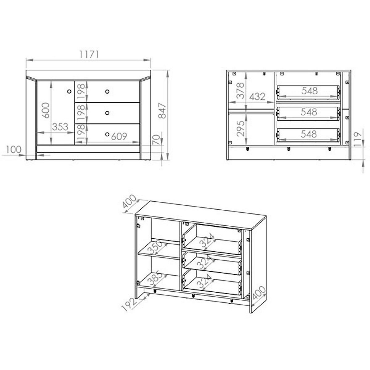 Jugendzimmer-Set Terni 4-teilig mit Kleiderschrank, Sideboard, Bett und Nachtkonsole