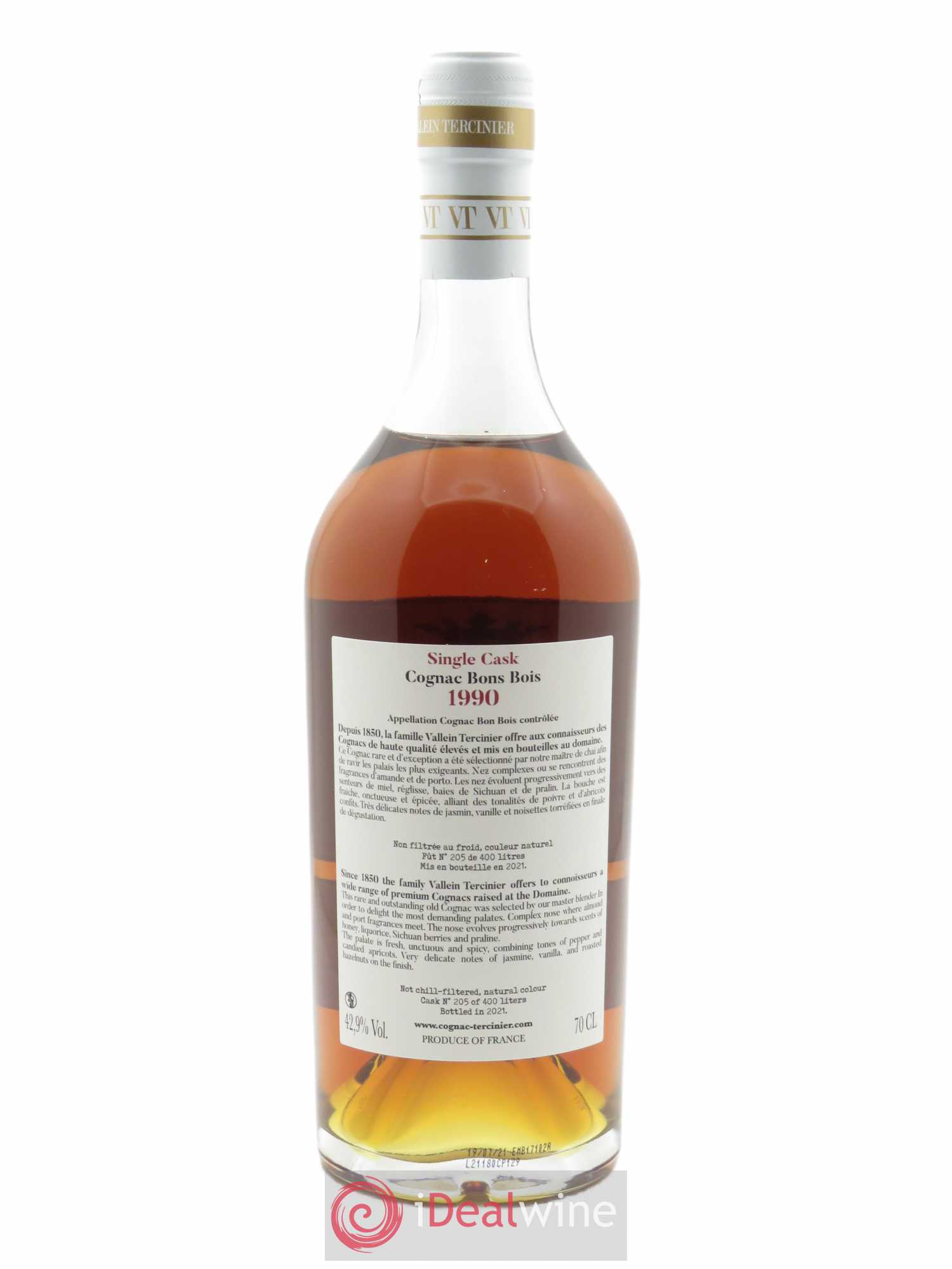 Cognac Vallein Tercinier Bons Bois (70cl) 1990 - Lot de 1 Bouteille