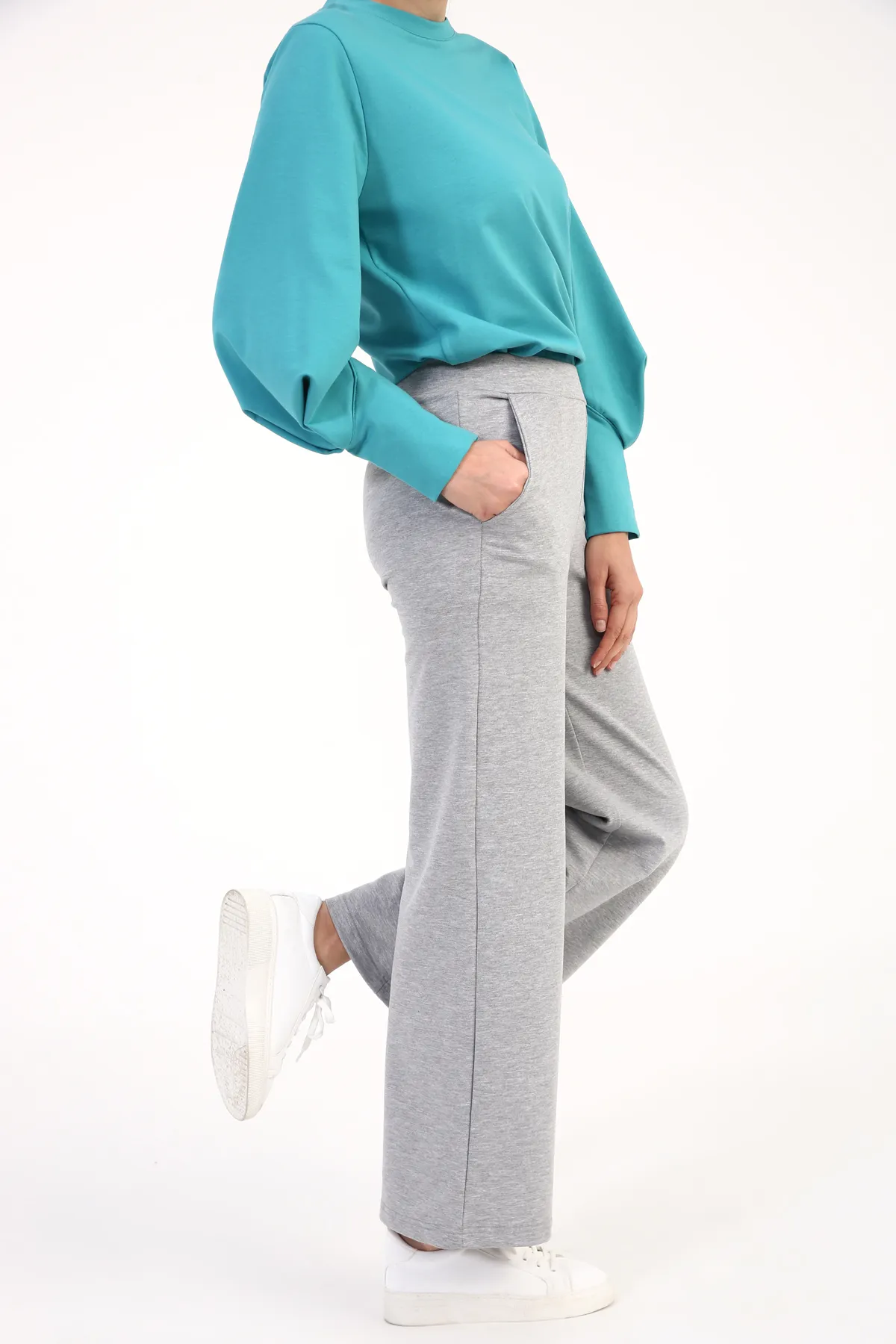 ALLDAY  Graue Melange-elastische Jogginghose mit weitem Bein