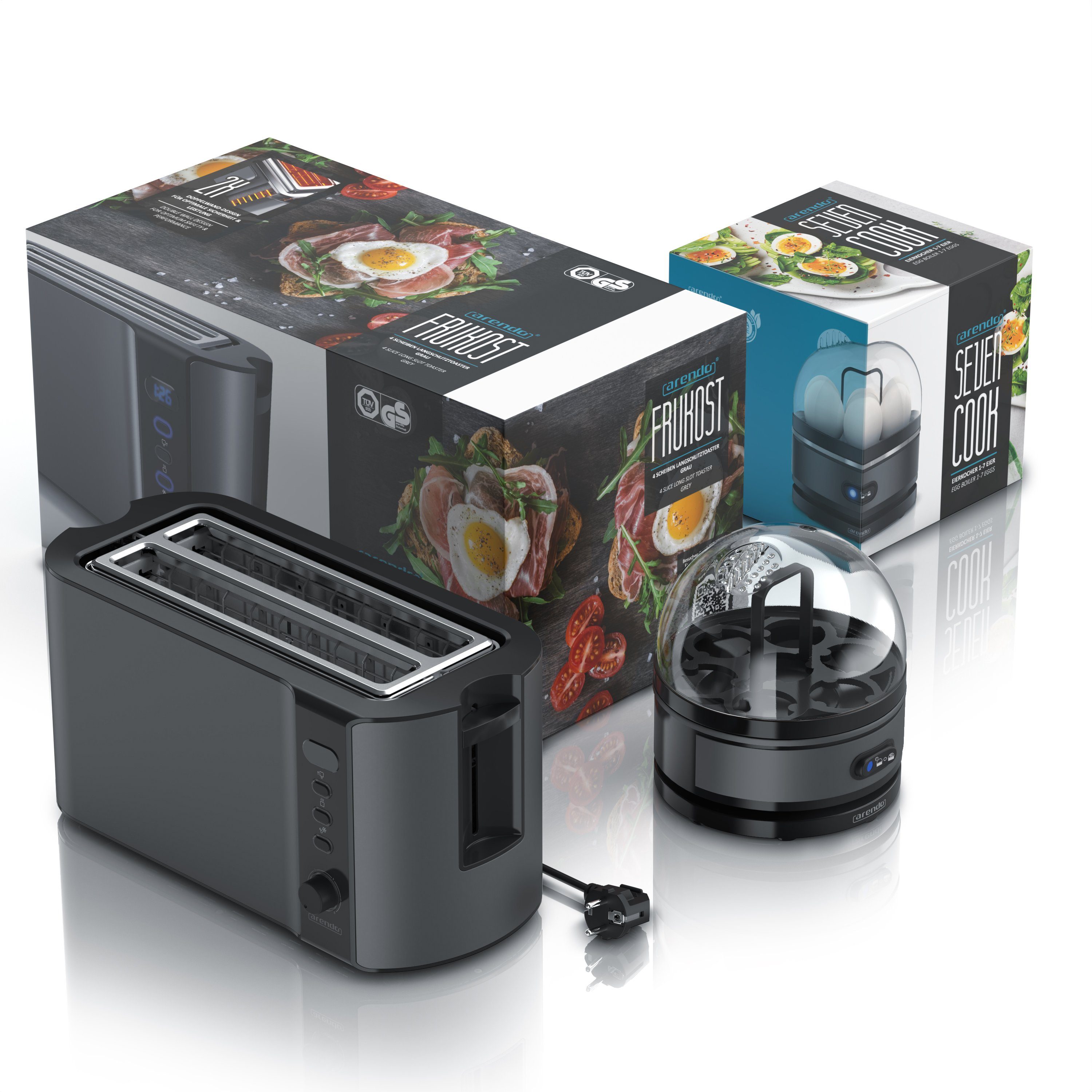 Arendo Frühstücks-Set (2-tlg), 4-Scheiben Langschlitz Toaster, 7er Eierkocher, Grau