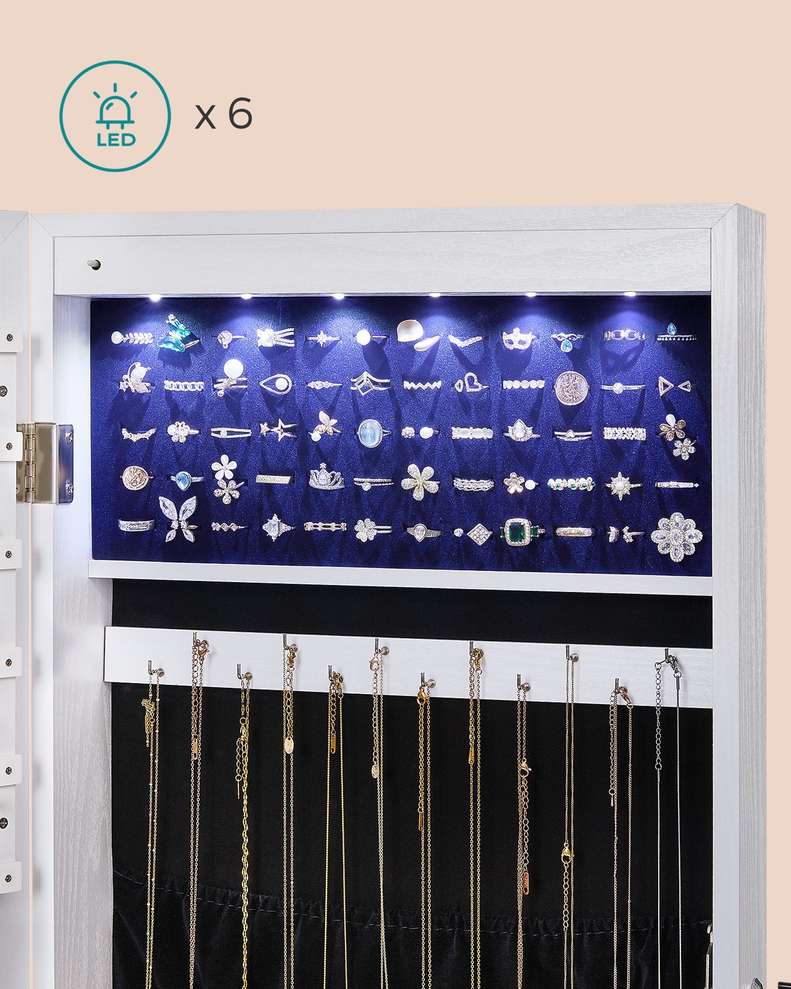 SONGMICS Schmuckschrank Spiegelschrank mit LED und Ganzkörperspiegel, weiß