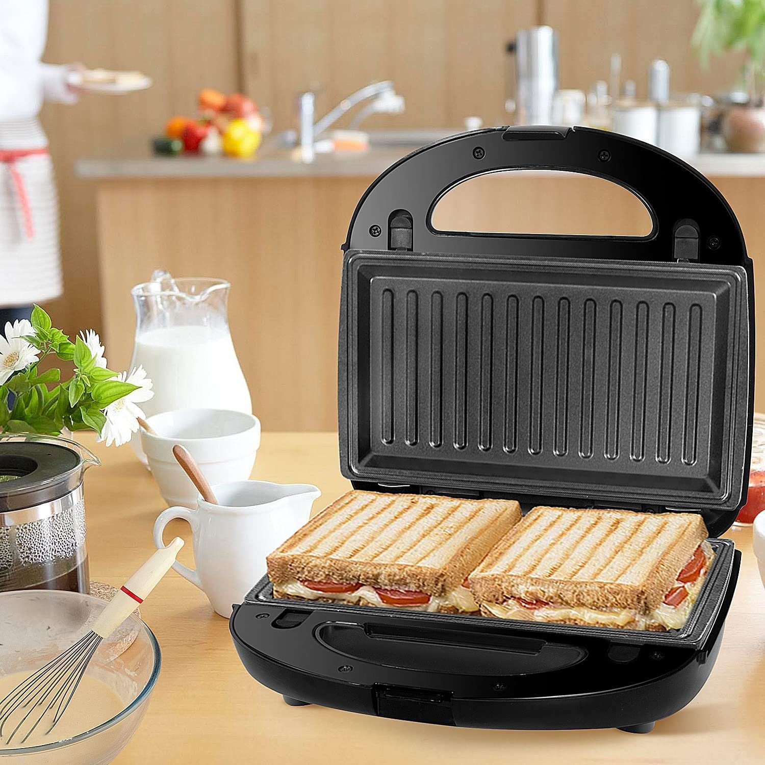 Gotoll 3-in-1-Sandwichmaker HS120N, 750 W, Waffeleisen Sandwichtoaster, Grill wechselplatten, schwarz